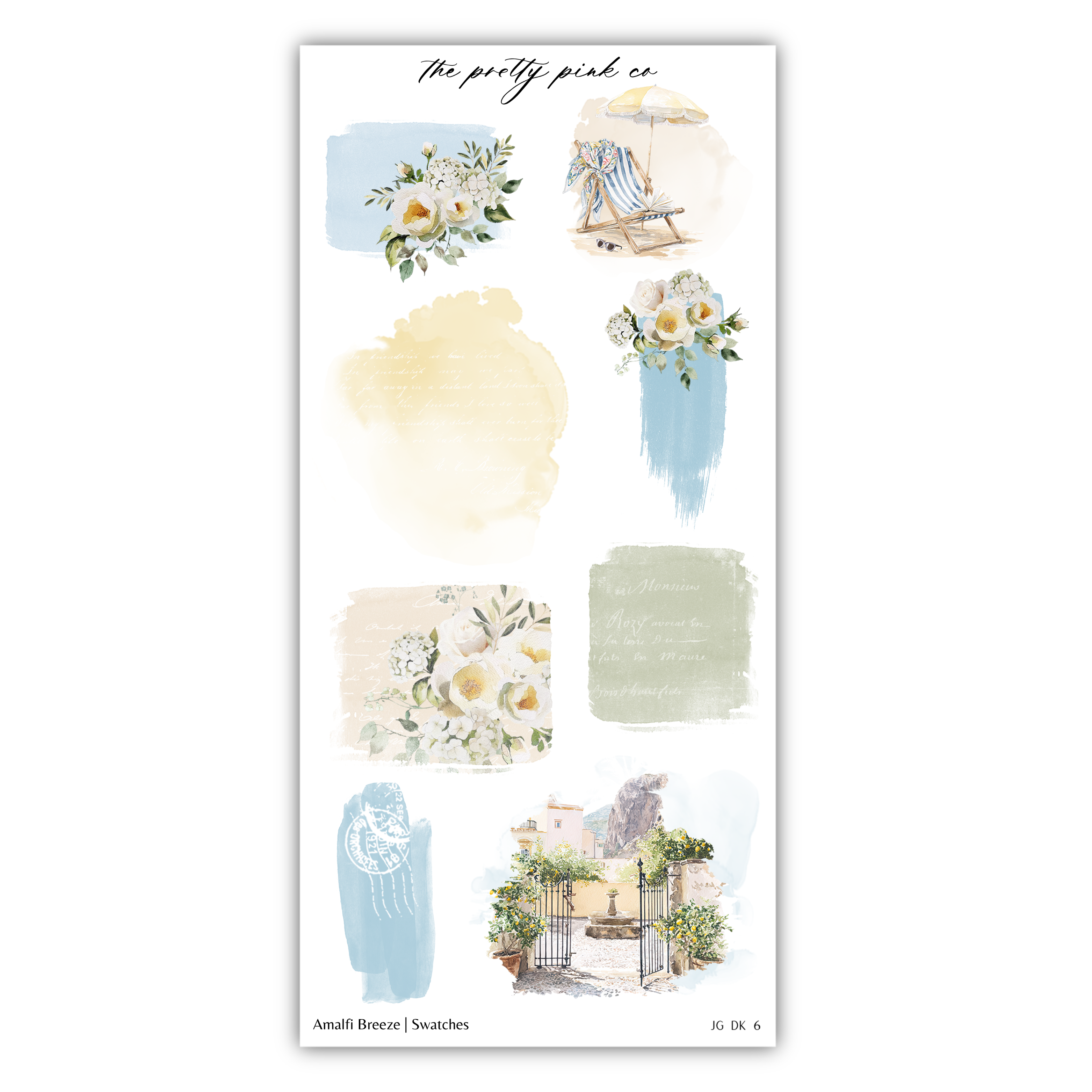 various illustrations and floral designs, including flowers, a beach scene, and a building. The text "The pretty pink co" is present, but it is unclear what it says. The image is a collage of different elements, and there are no specific descriptions provided.