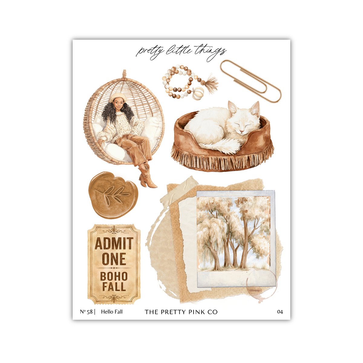 various objects and scenes related to the theme of "Pretty little things", including a woman sitting in a wicker chair, a cat sleeping in a basket, a tree, and a stamp.
