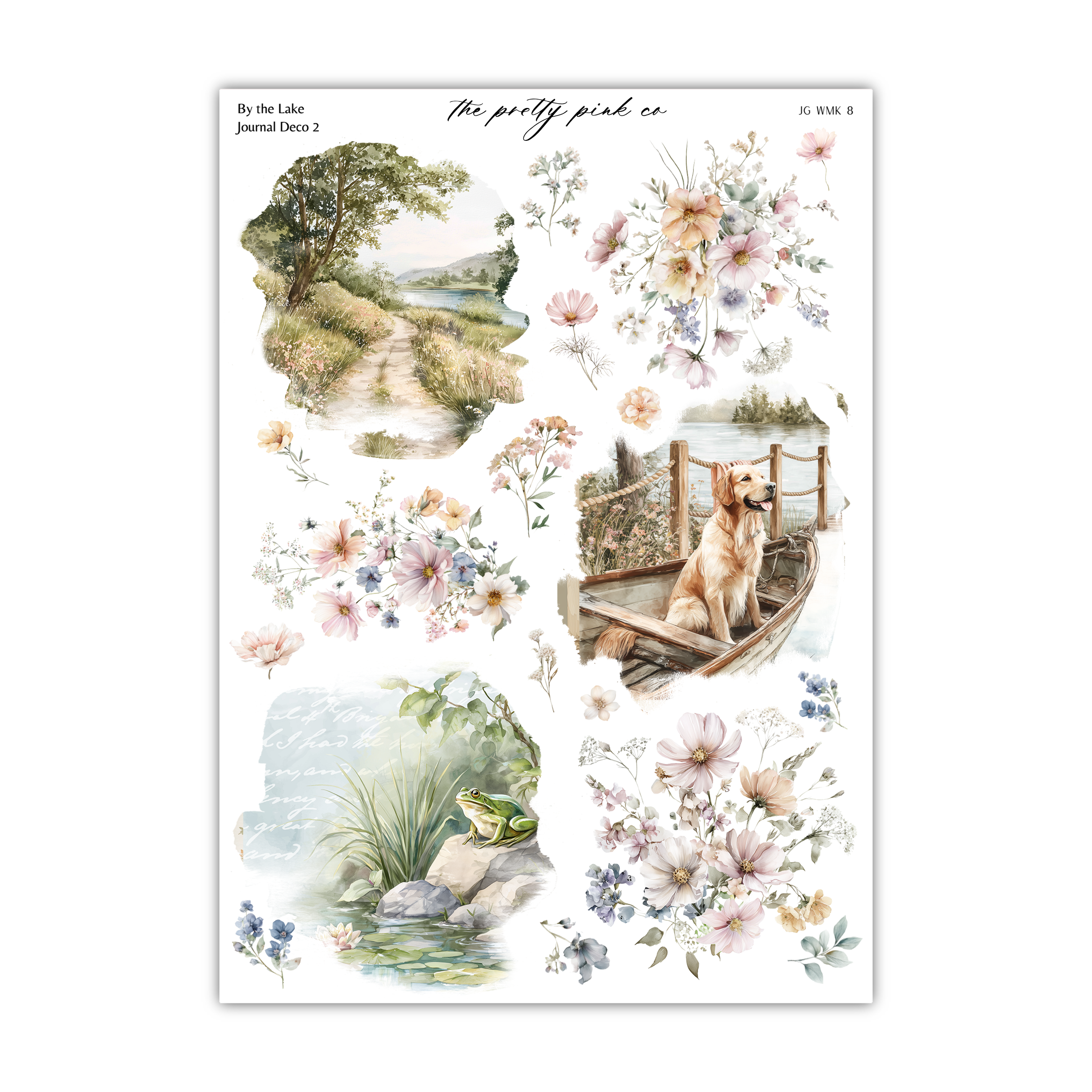 The image is a collage of various nature-themed images, including a path, a dog in a boat, a frog, and flowers.