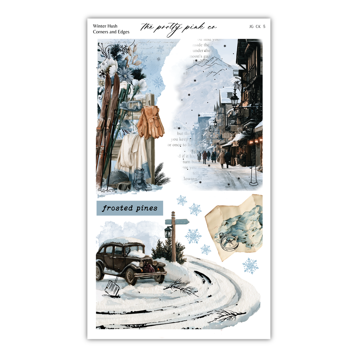 The image is a collage of various winter-themed elements, including a snowy street, a vintage car, and a snowy landscape. The collage is titled "The pretty pink co" and includes text that describes the different elements, such as "frosted pines" and "the pretty pink co".