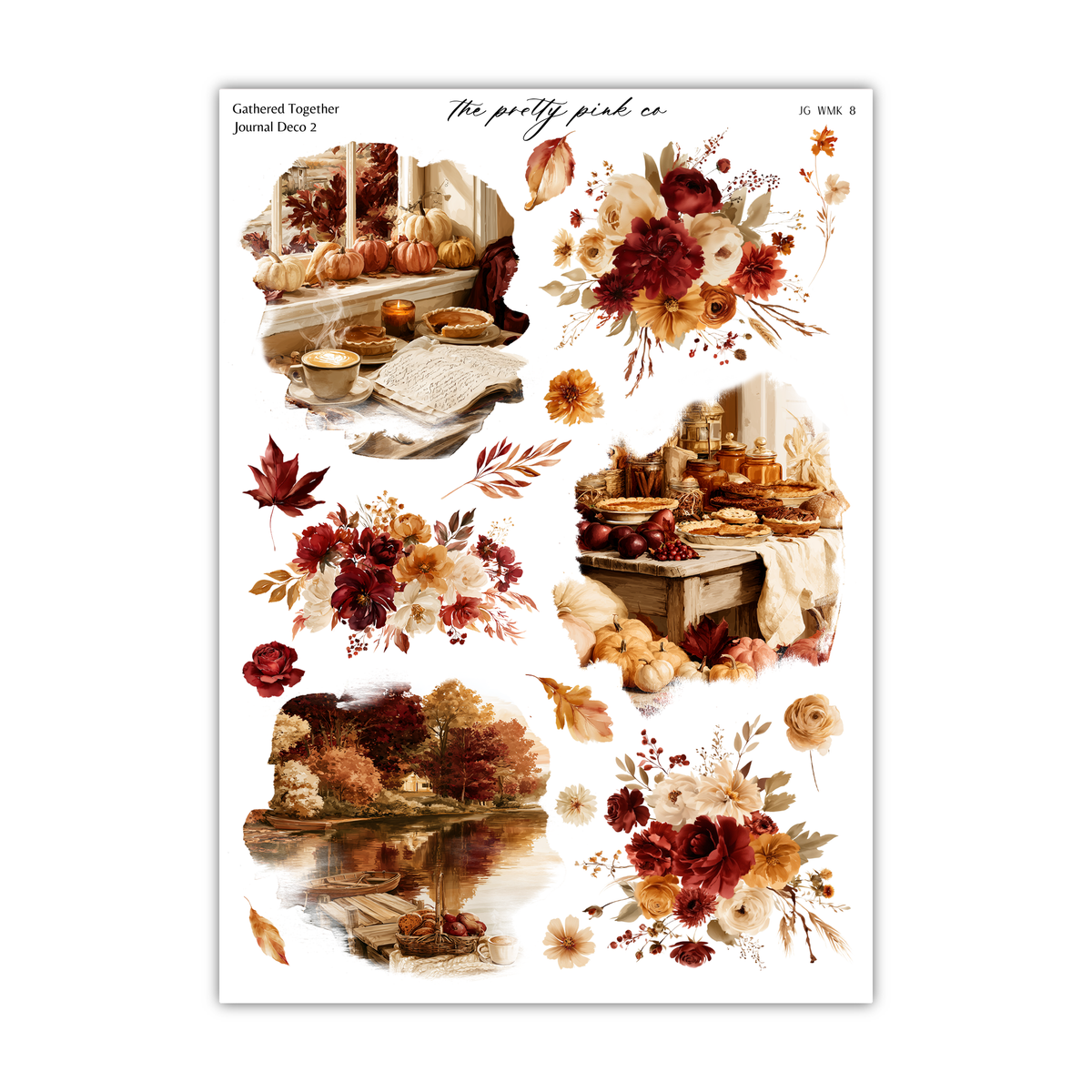 The image is a collage of various autumn-themed images, including floral arrangements, pumpkins, and a lake. The collage is titled "Gathered Together Journal 2" and includes images of a fireplace, a table with a vase of flowers, and a pumpkin patch. The collage is a collection of different images that together create a seasonal, autumnal atmosphere.
