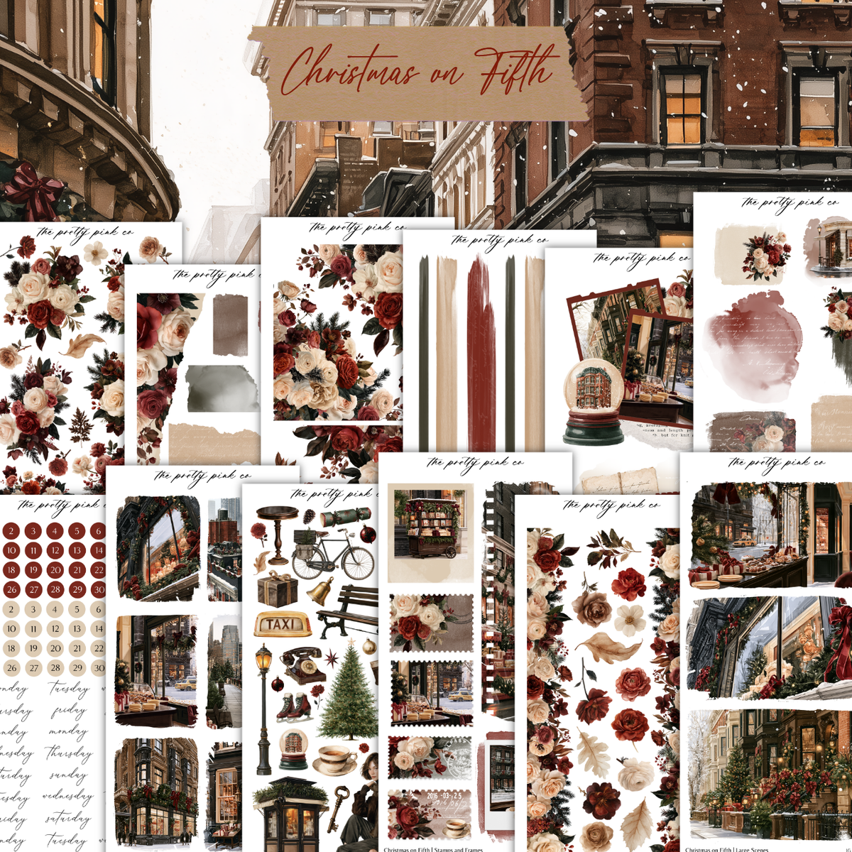 The image is a collage of various Christmas-themed images, including floral arrangements, holiday decorations, and festive scenes.