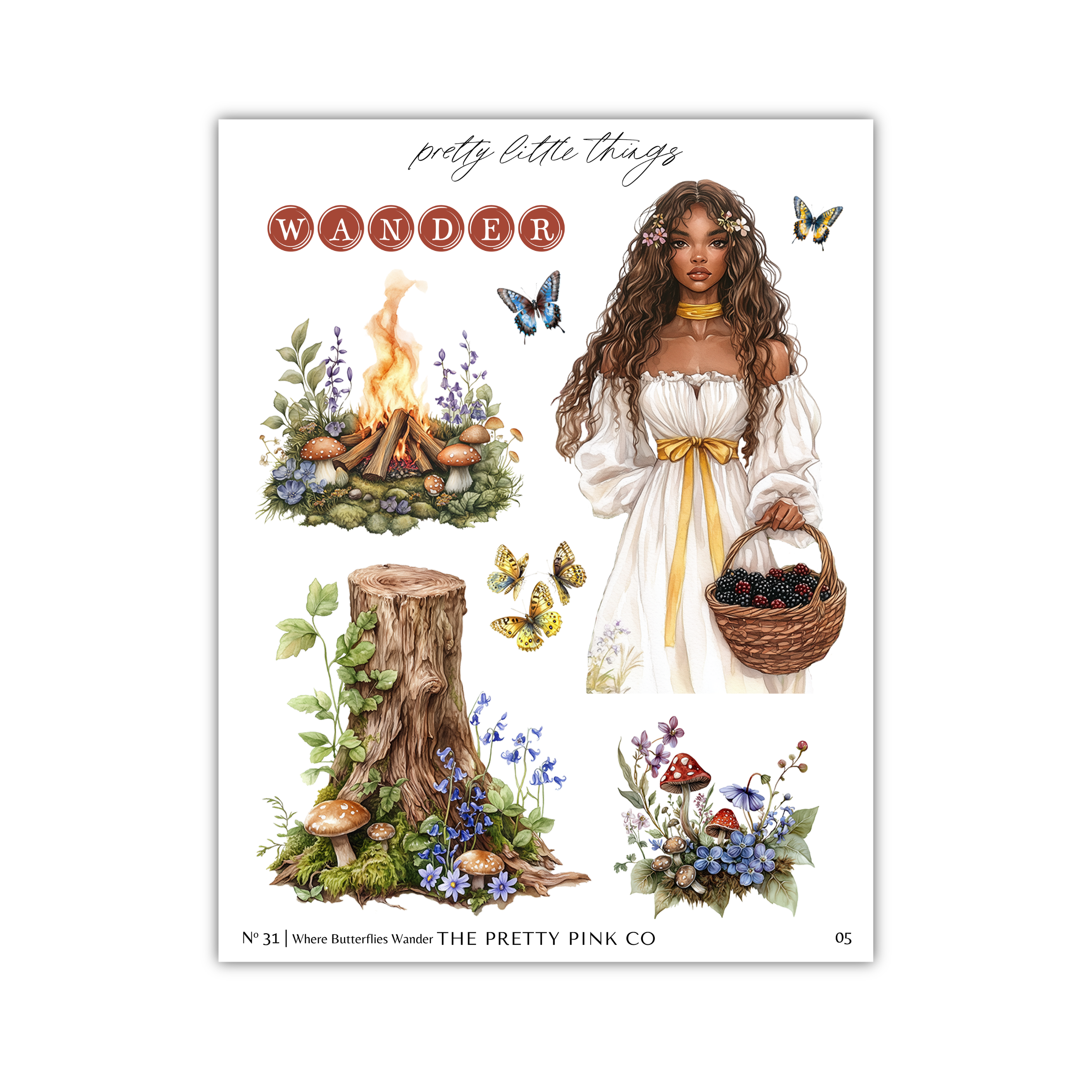 The image is a collage featuring a woman in a white dress, surrounded by various natural elements such as a fire, mushrooms, flowers, and butterflies.