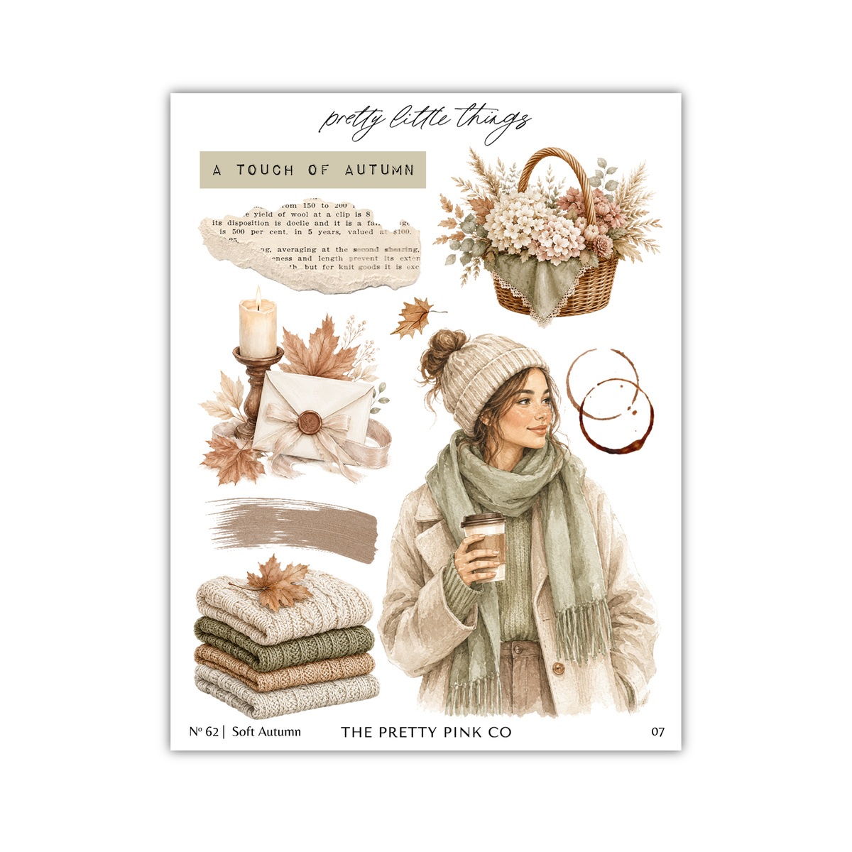 The image is a collage of various autumn-themed elements, including a woman in a winter coat holding a cup, a basket of flowers, and a stack of blankets.