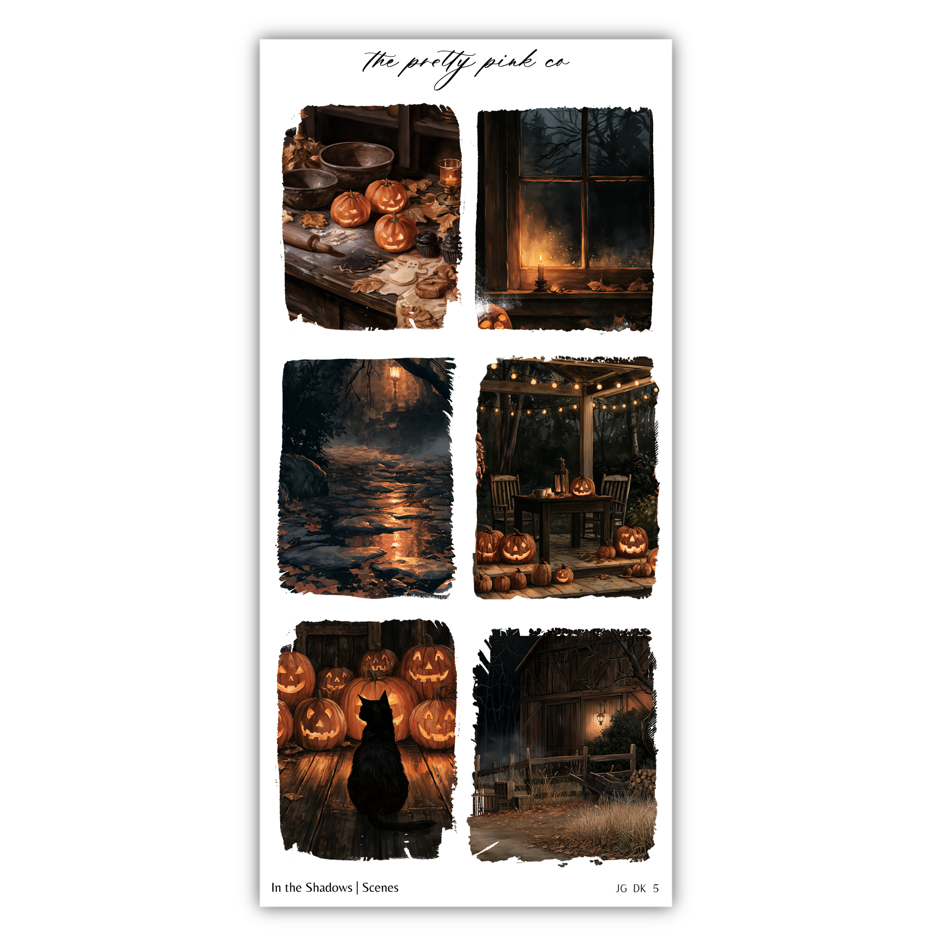 The image is a collage of six different scenes, each depicting a Halloween-themed setting. The scenes include a table with pumpkins, a fireplace, a window, a lantern-lit porch, a black cat, and a wooden cabin.