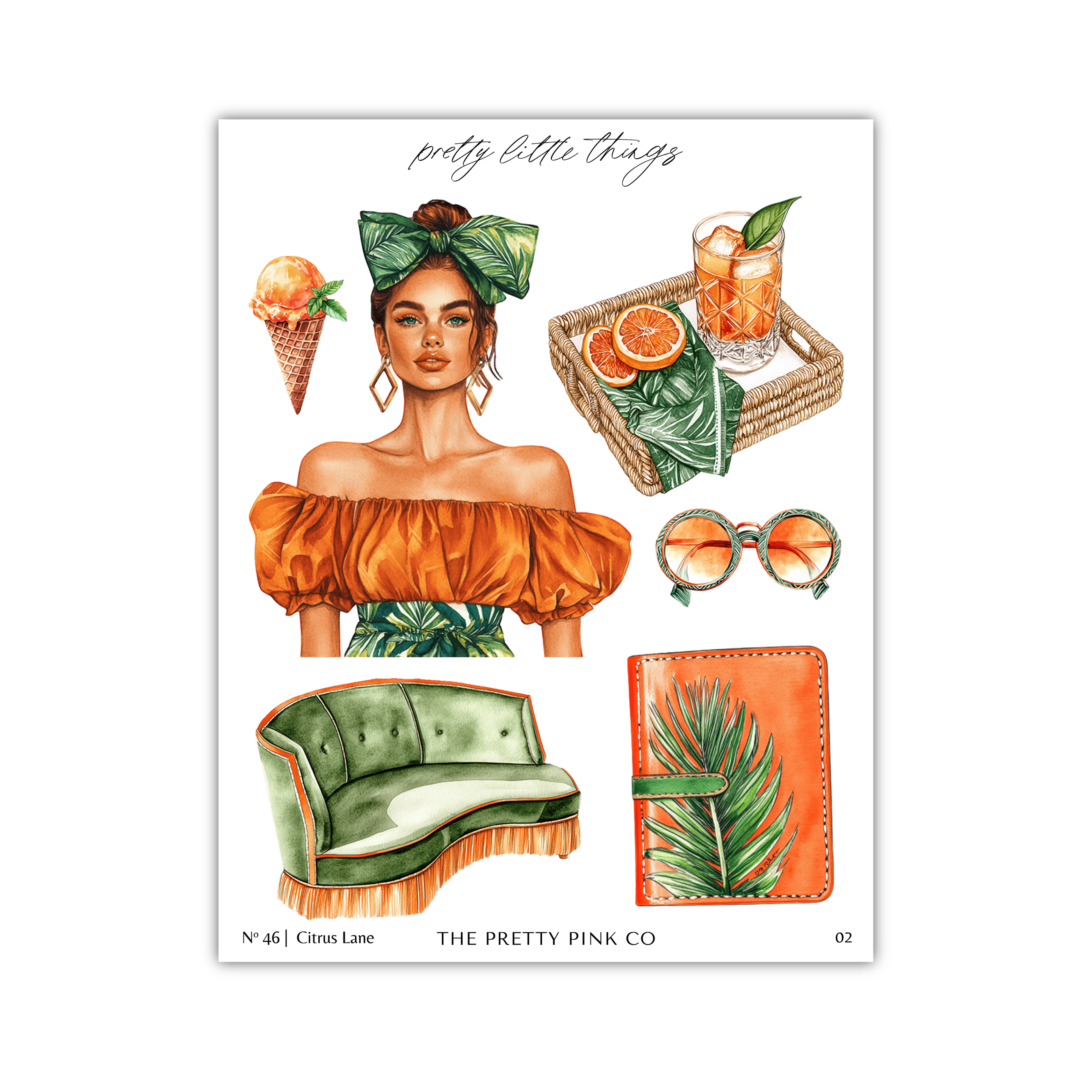 The image is a collage of various fashion and lifestyle elements, including a woman in an orange dress, a green sofa, a glass of orange juice, sunglasses, a purse, and a palm leaf.