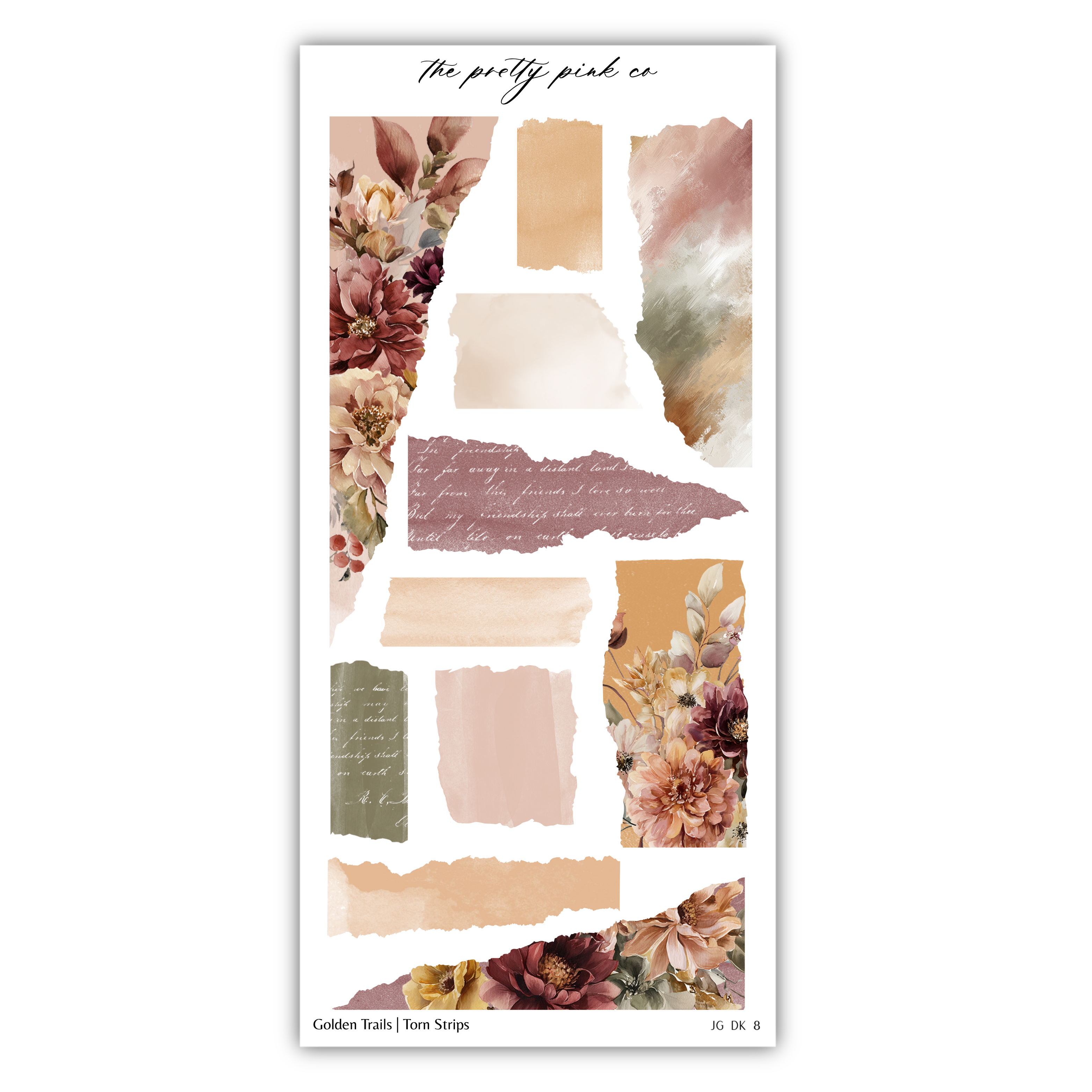 The image is a collage of various floral and abstract elements, including torn strips, flowers, and text.