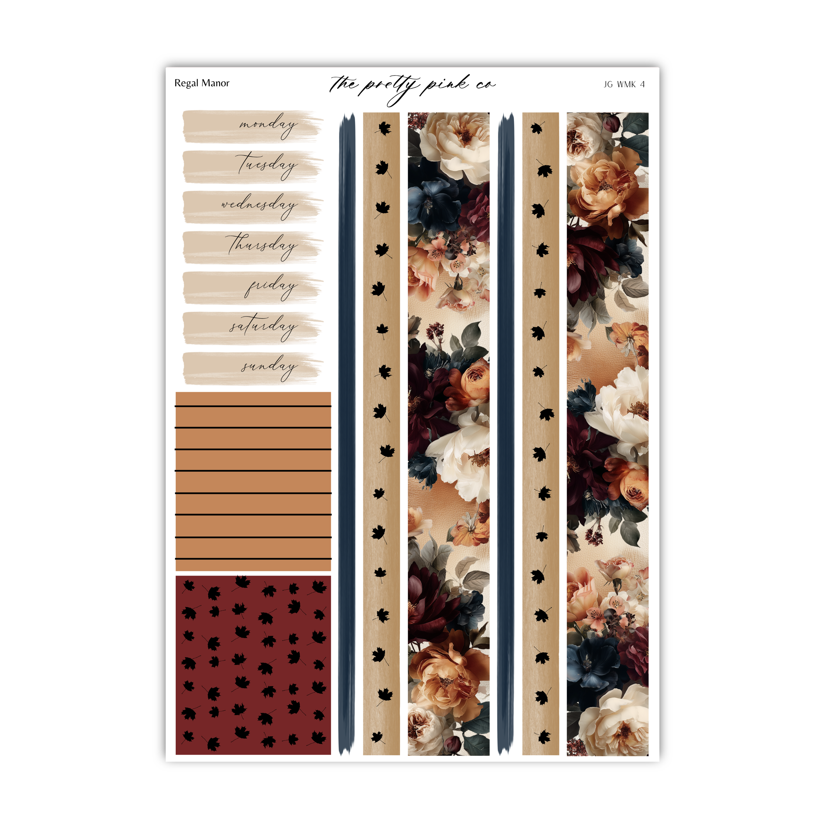 The image is a collection of design elements, including a floral pattern, a striped pattern, and a red and black pattern. The text "Regal Manor" and "The pretty pink co" are visible, suggesting the image is related to a design or decor theme.