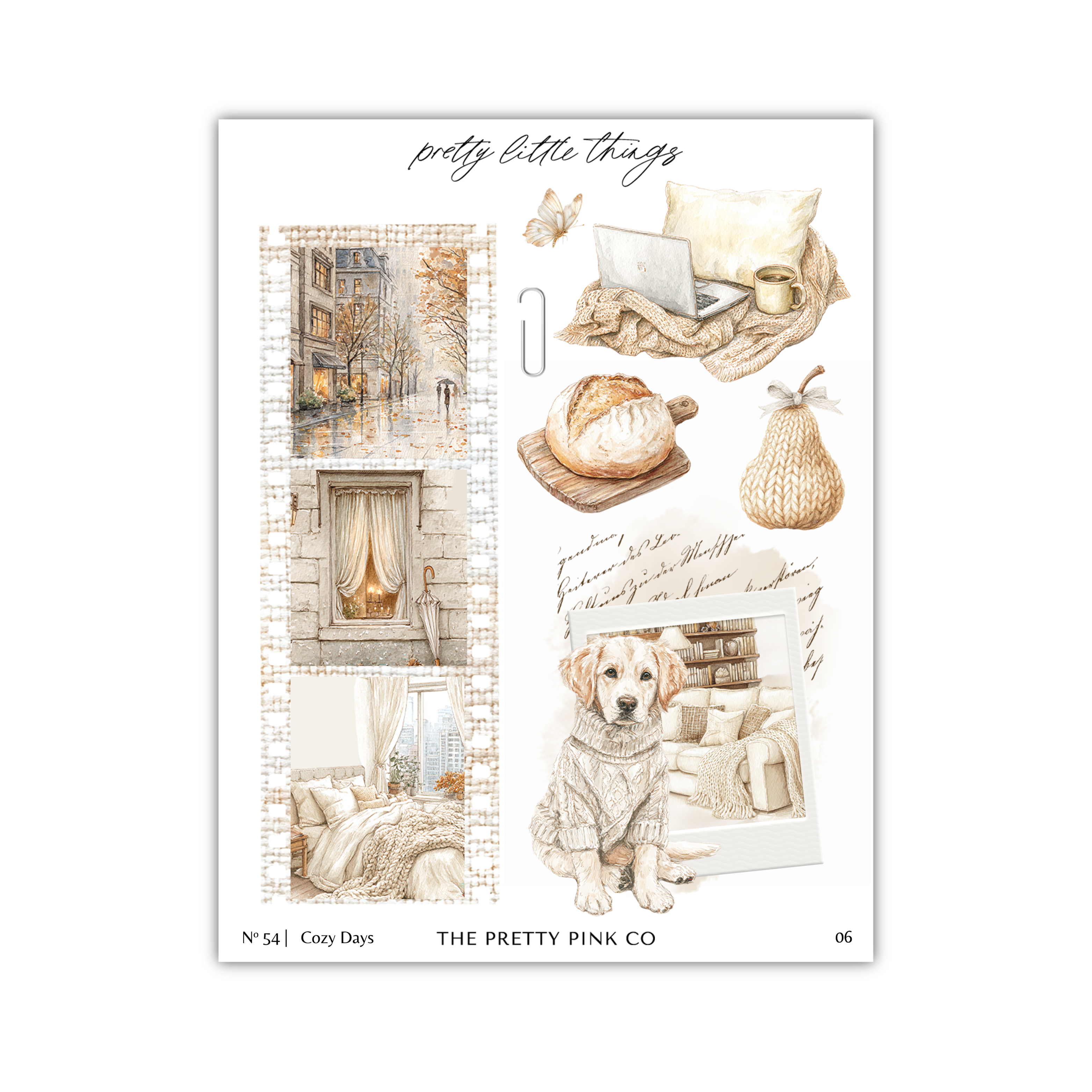 The image is a collage of various cozy and autumn-themed elements, including a laptop, a cozy bed, a dog, a basket of bread, and a window with curtains. The collage is titled "Cozy Days" and includes the text "The pretty pink co" and "06".