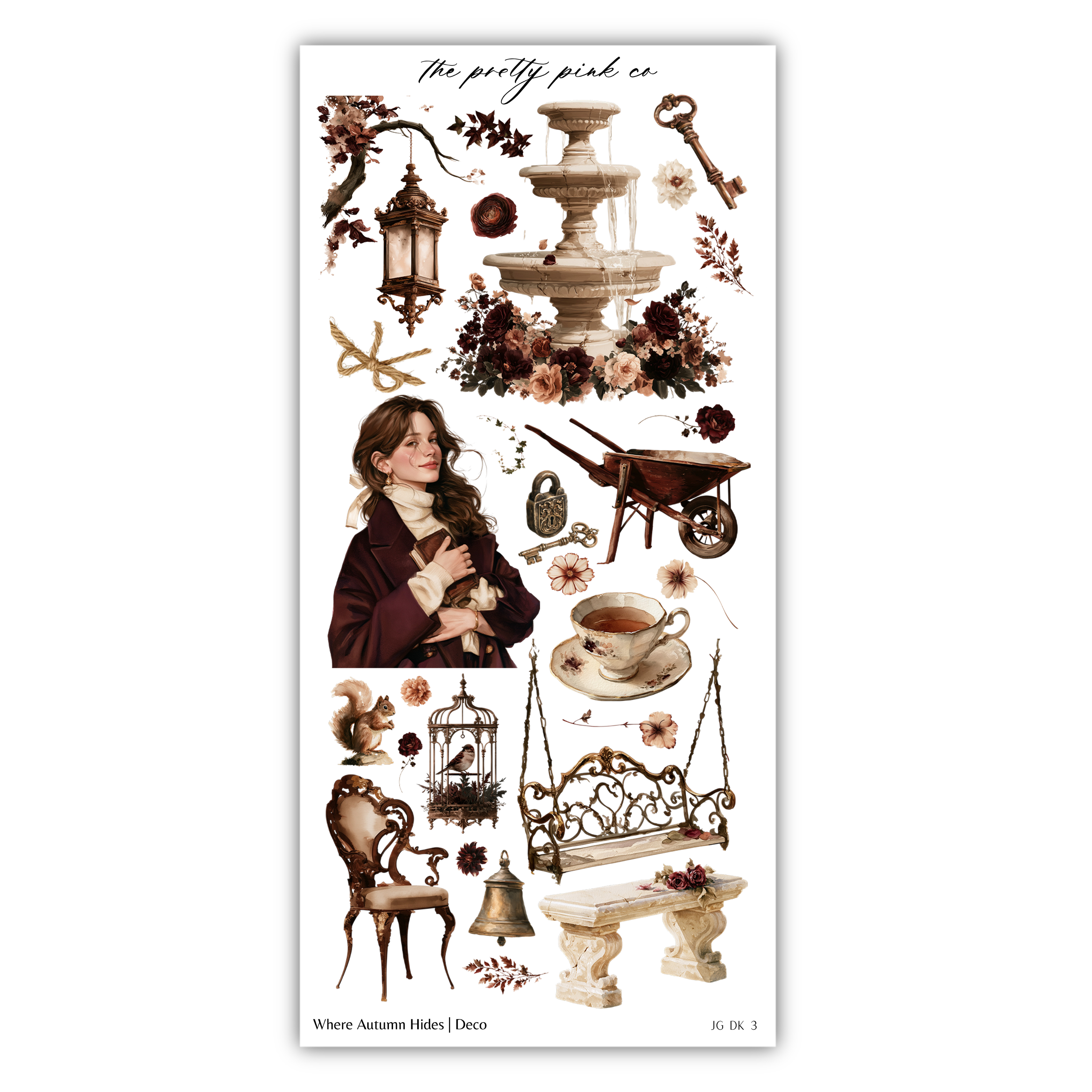 The image is a collage of various decorative and ornamental items, including a woman, a fountain, a birdcage, a teacup, a bench, and other antique-style objects. The collage is titled "Where Autumn Hides / Deco" and includes a total of 13 images.