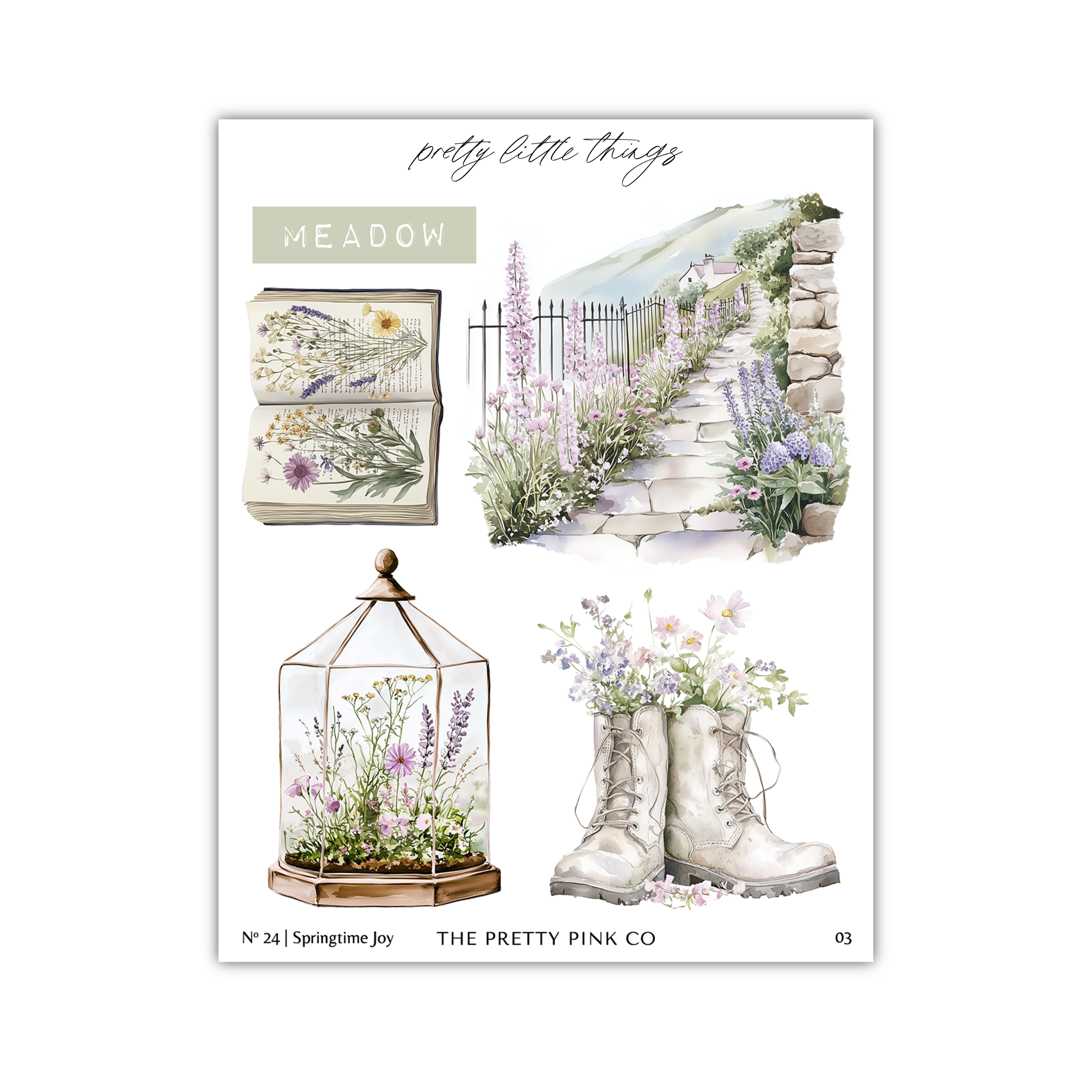 The image is a collage of four different illustrations, each depicting various elements related to nature and gardening. The collage includes a meadow scene, a stone path, a glass greenhouse, and a pair of boots filled with flowers.