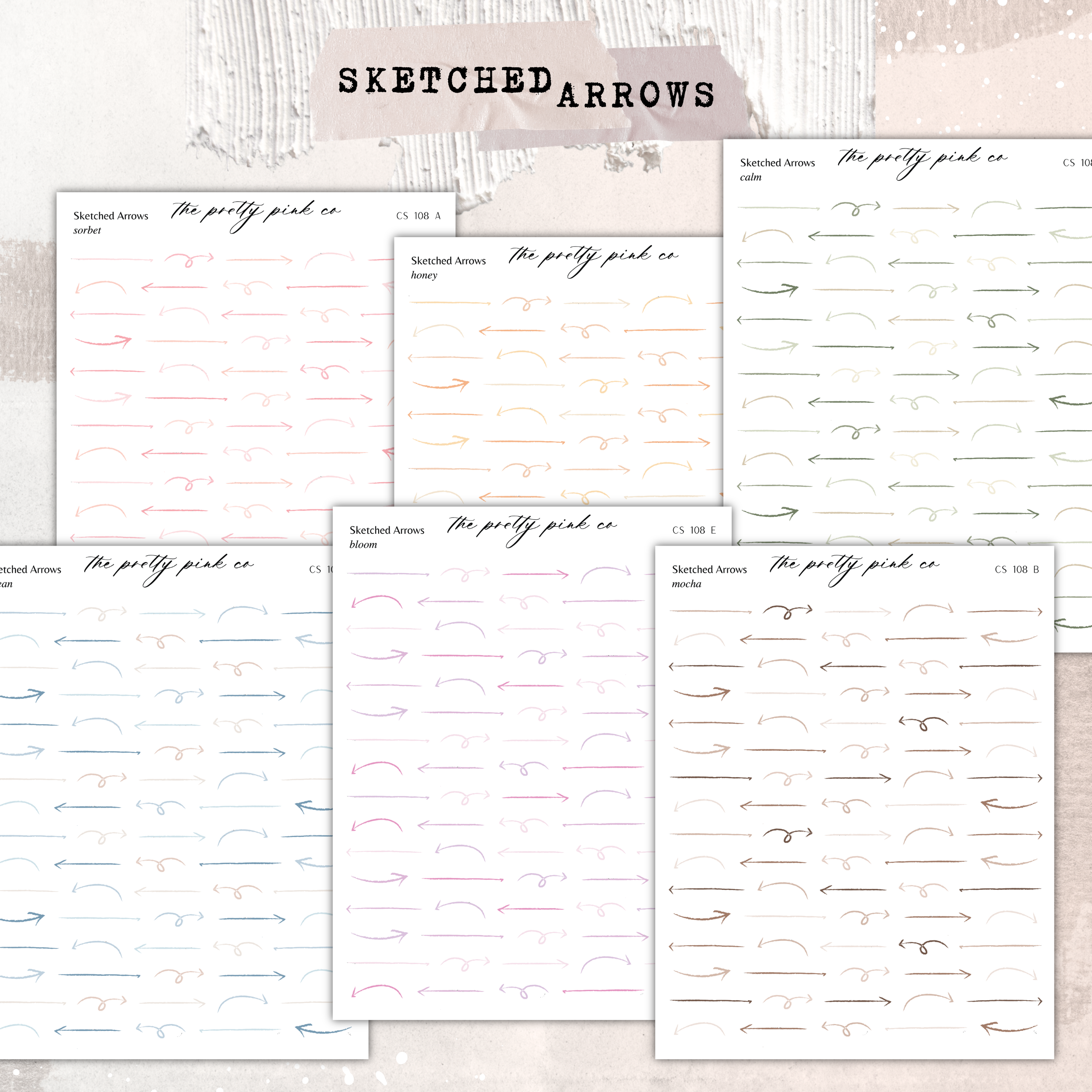 a collection of six different sketches of arrows, each with varying colors and styles. The sketches are organized in a way that allows for easy comparison and analysis.