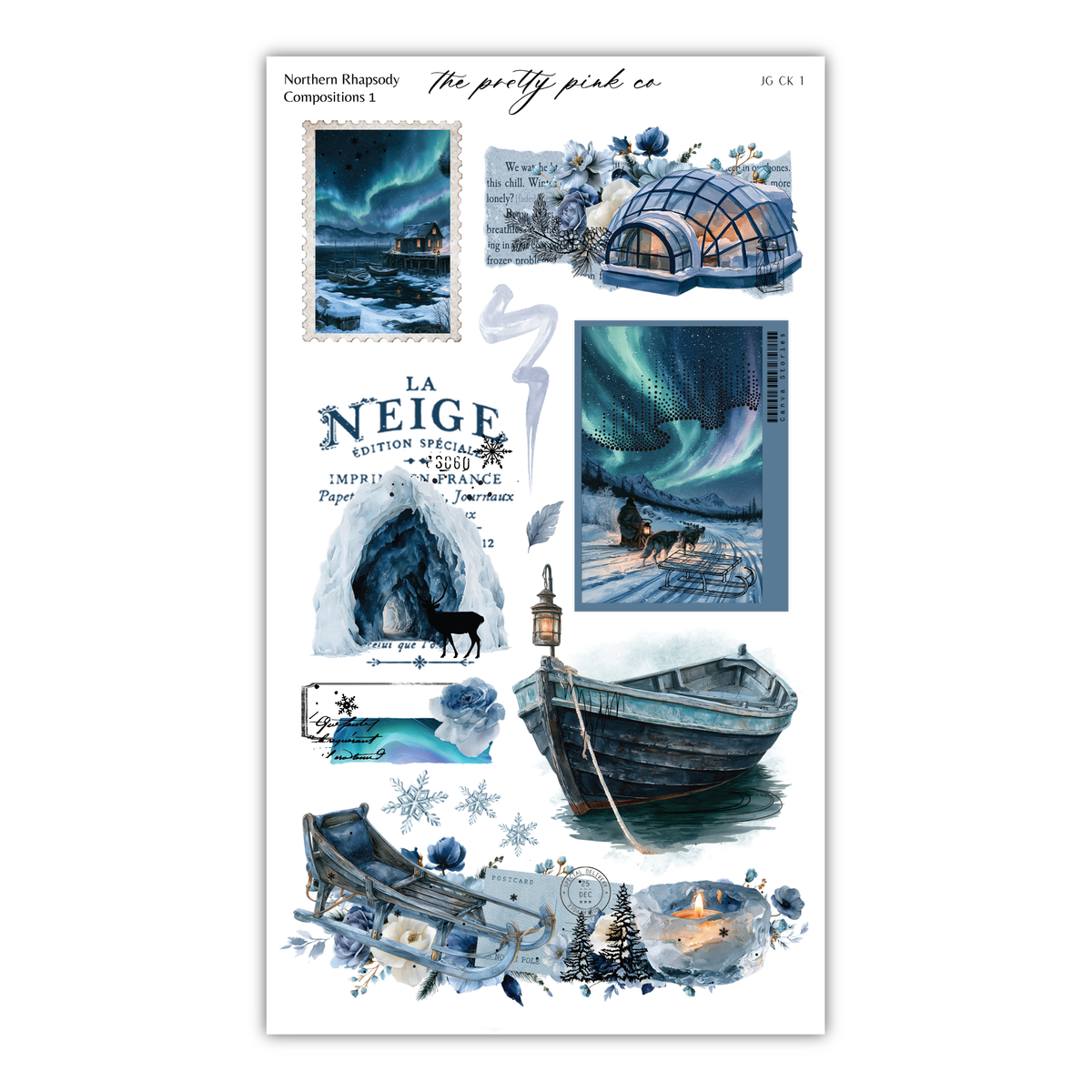 The image is a collage of various winter-themed images, including a snowy landscape, a polar bear, a boat, and a cabin.