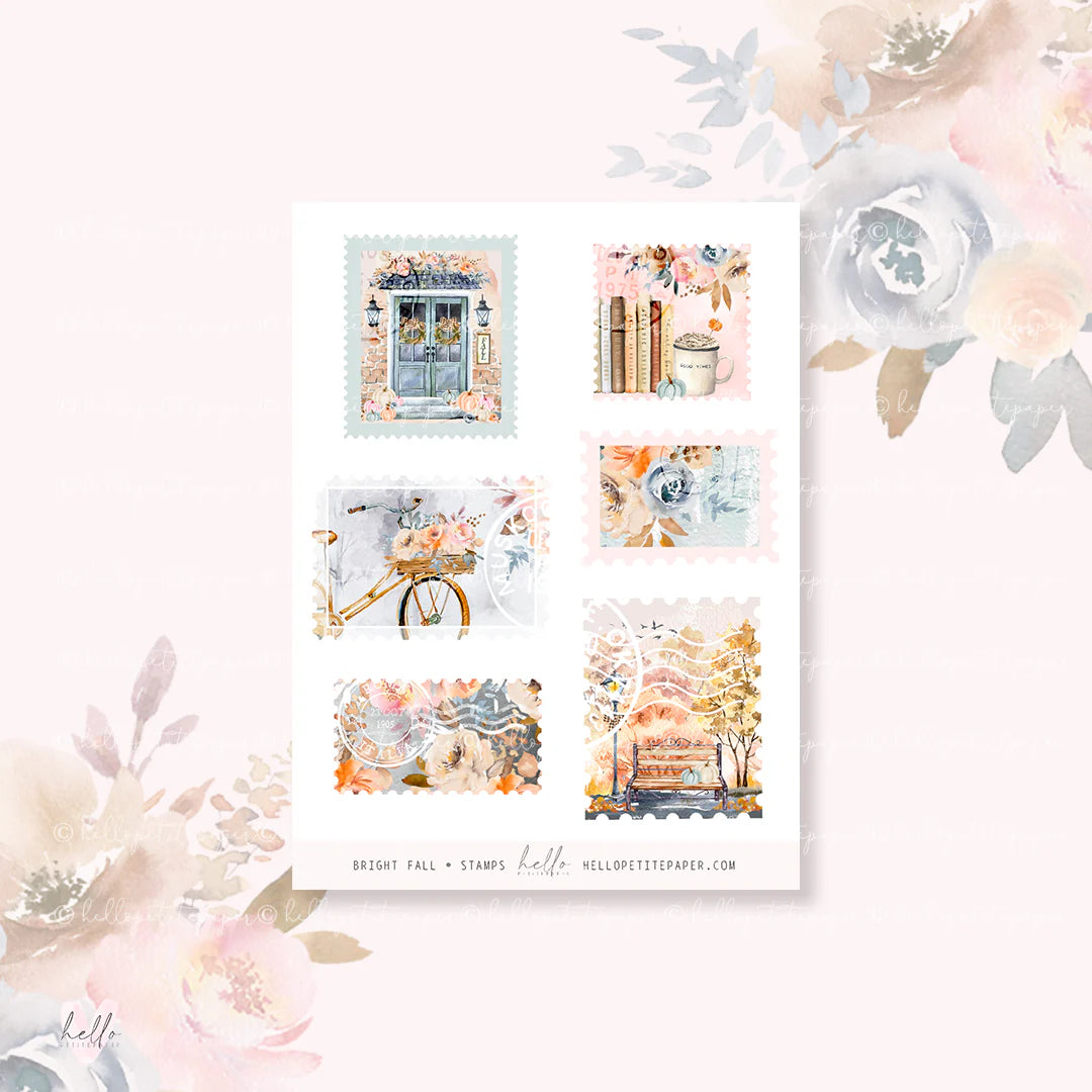 The image is a collage of six postage stamps featuring various autumn-themed designs, including a bicycle, flowers, leaves, and a bird.