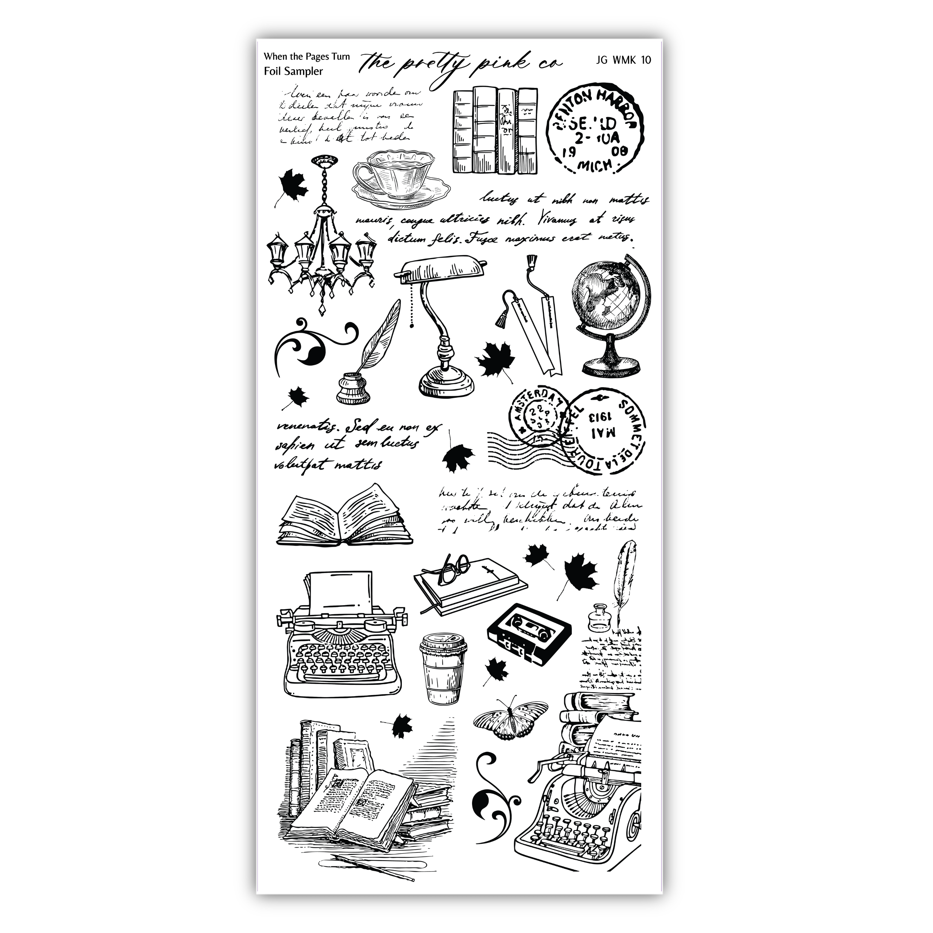 various hand-drawn illustrations and objects related to writing and reading, such as typewriters, books, typewriter keys, a globe, a cup, and a teapot. The text accompanying the illustrations includes phrases like "The picture depicts", "The picture displays", "The picture shows", "The picture features", and "The picture captures".