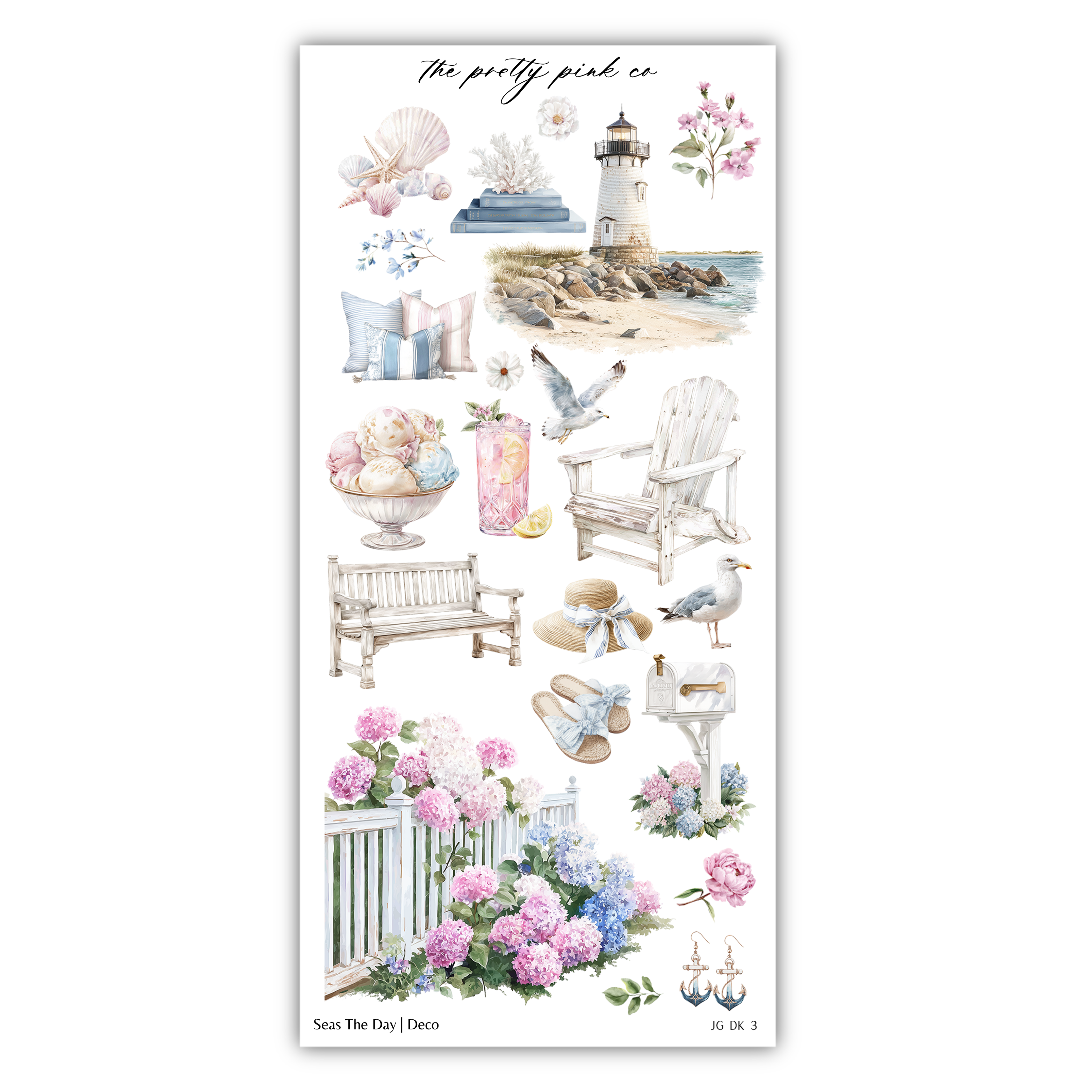 The image is a collage of various decorative items and scenes, including a lighthouse, flowers, a bench, a mailbox, and a bird.