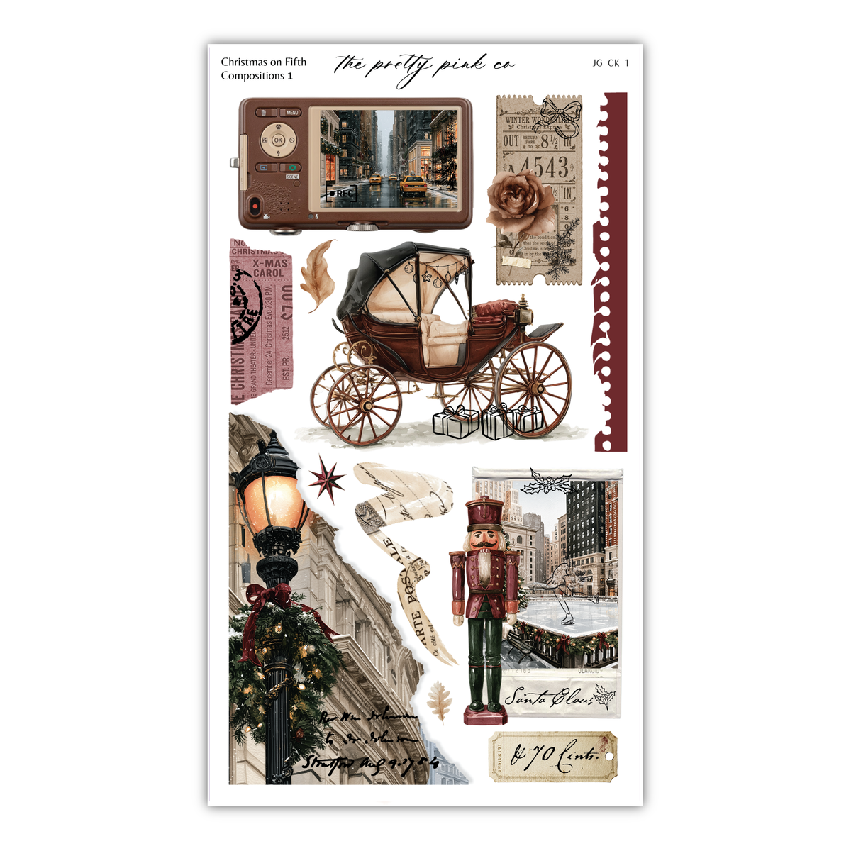 The image is a collage of various Christmas-themed elements, including a carriage, a nutcracker, a street lamp, and a snowman. The collage is titled "Christmas on Fifth Compositions 1" and includes a photograph of a Christmas tree.