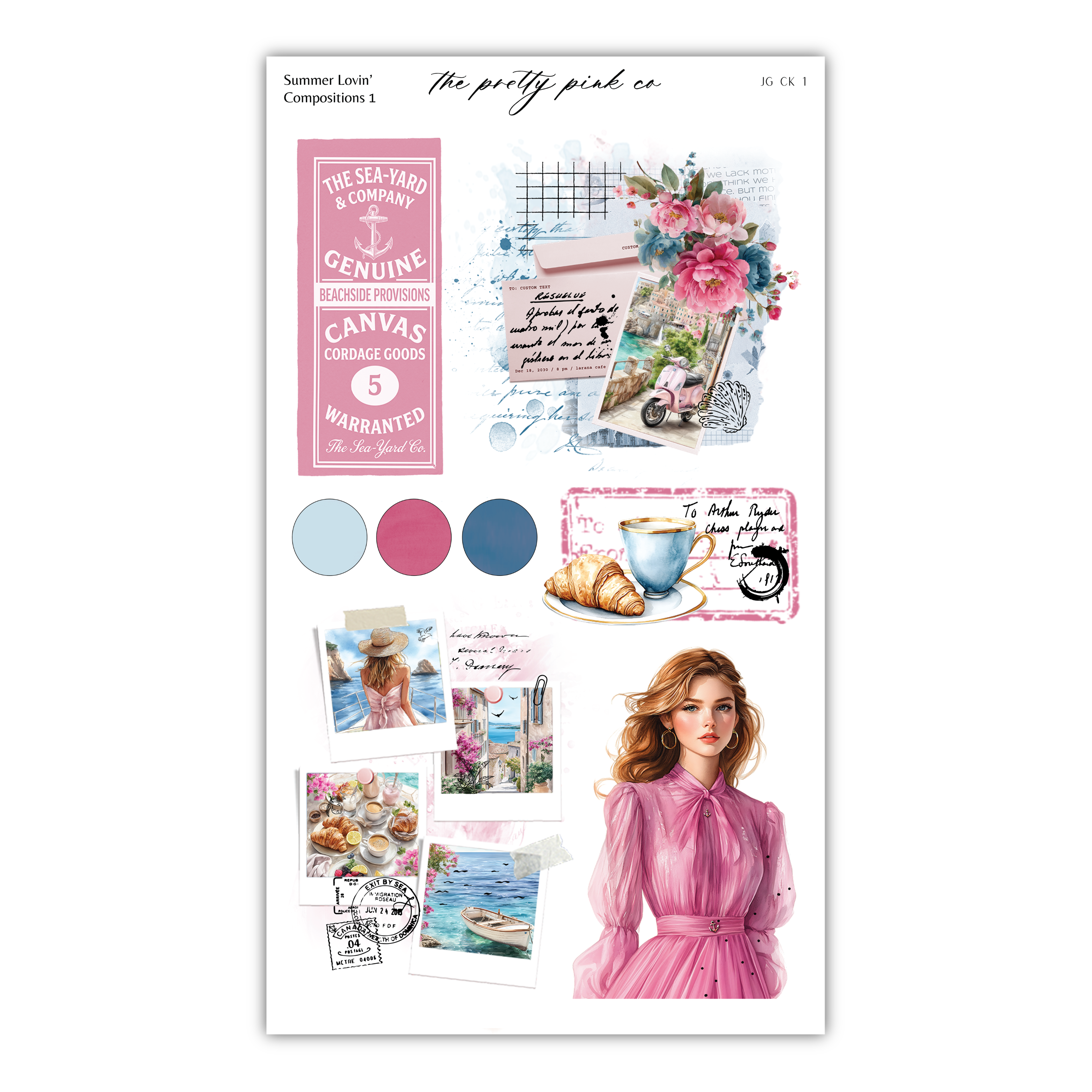 The image is a collage of various elements, including a woman in a pink dress, a floral design, a croissant, and a woman with long hair. The collage also includes text elements such as "The Sea Yard & Company" and "The pretty pink co".