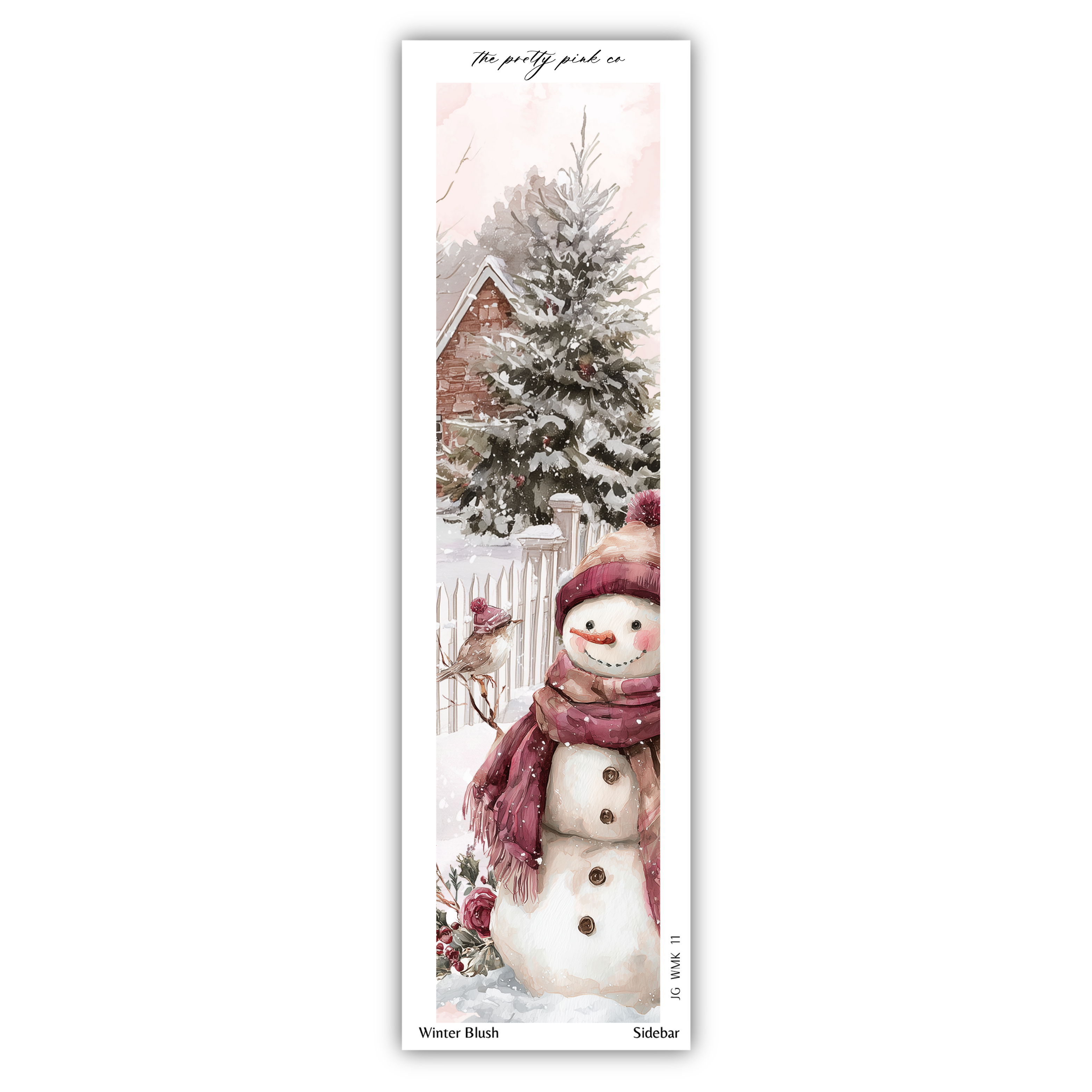 A snowman and a bird in a snowy winter scene, with a red brick house and a pine tree in the background.