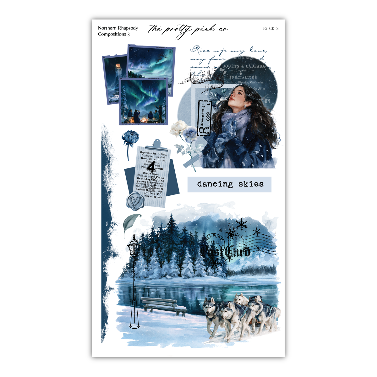 The image is a collage of various elements, including a woman looking up at the night sky, a snowy landscape, a lake, and a group of people in the distance. The collage also includes a quote about dancing skies and a quote about Northern Rhythms.