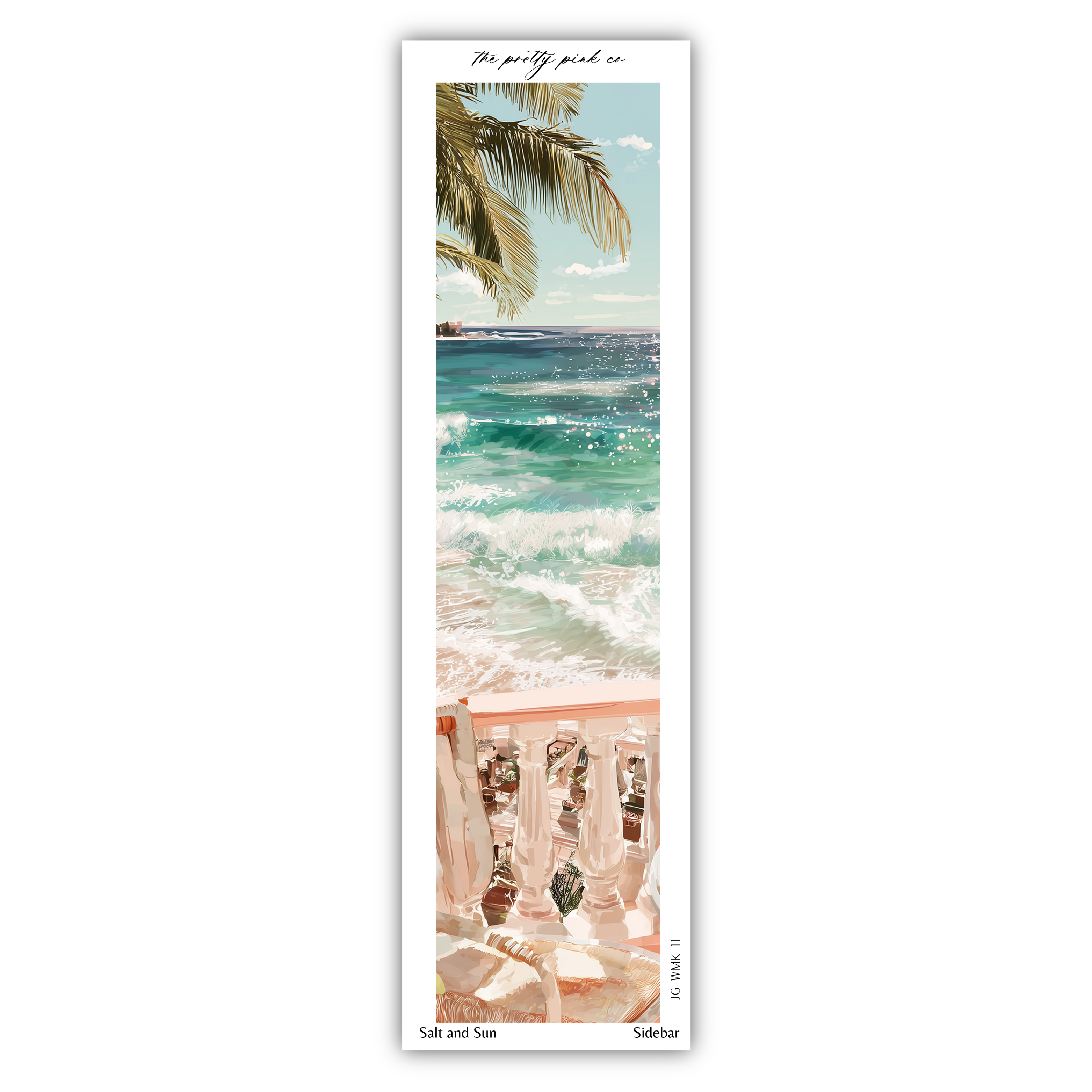 A tropical beach scene with palm trees, turquoise waters, and a wooden railing in the foreground.