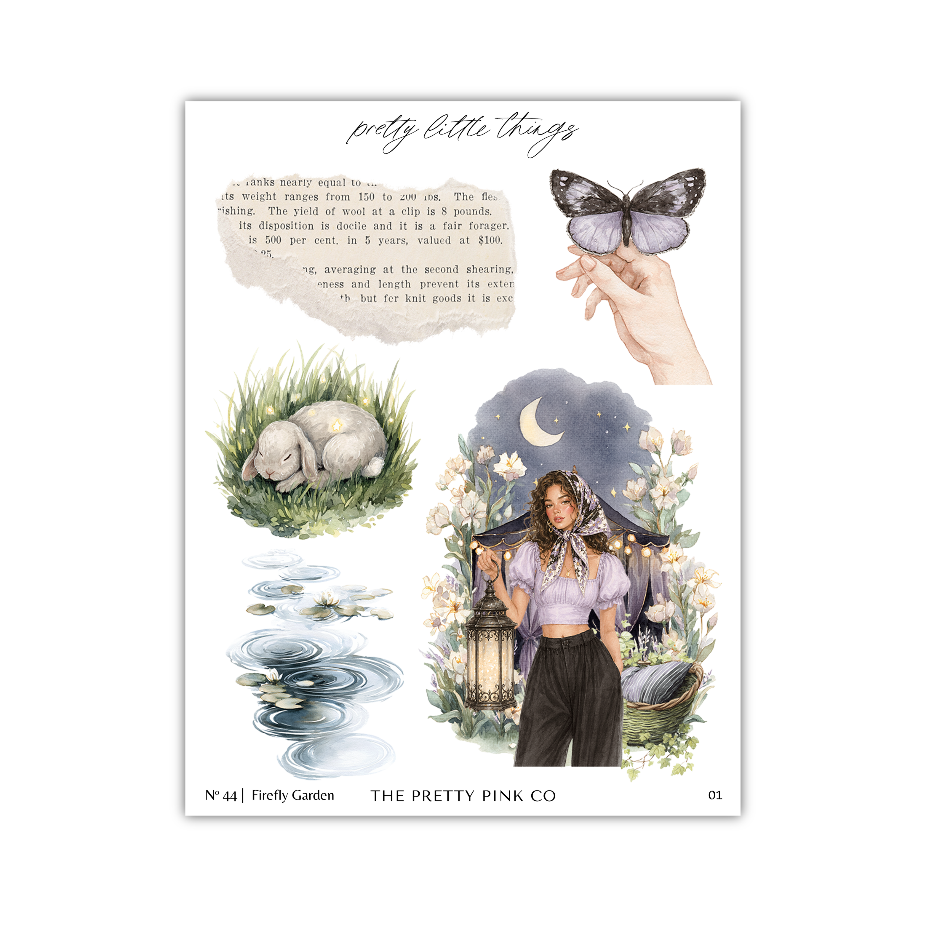 The image is a collage of various artistic elements, including a hand holding a butterfly, a rabbit, a pond, a woman, and a butterfly. The collage is titled "pretty little things" and includes a quote about the beauty of nature.