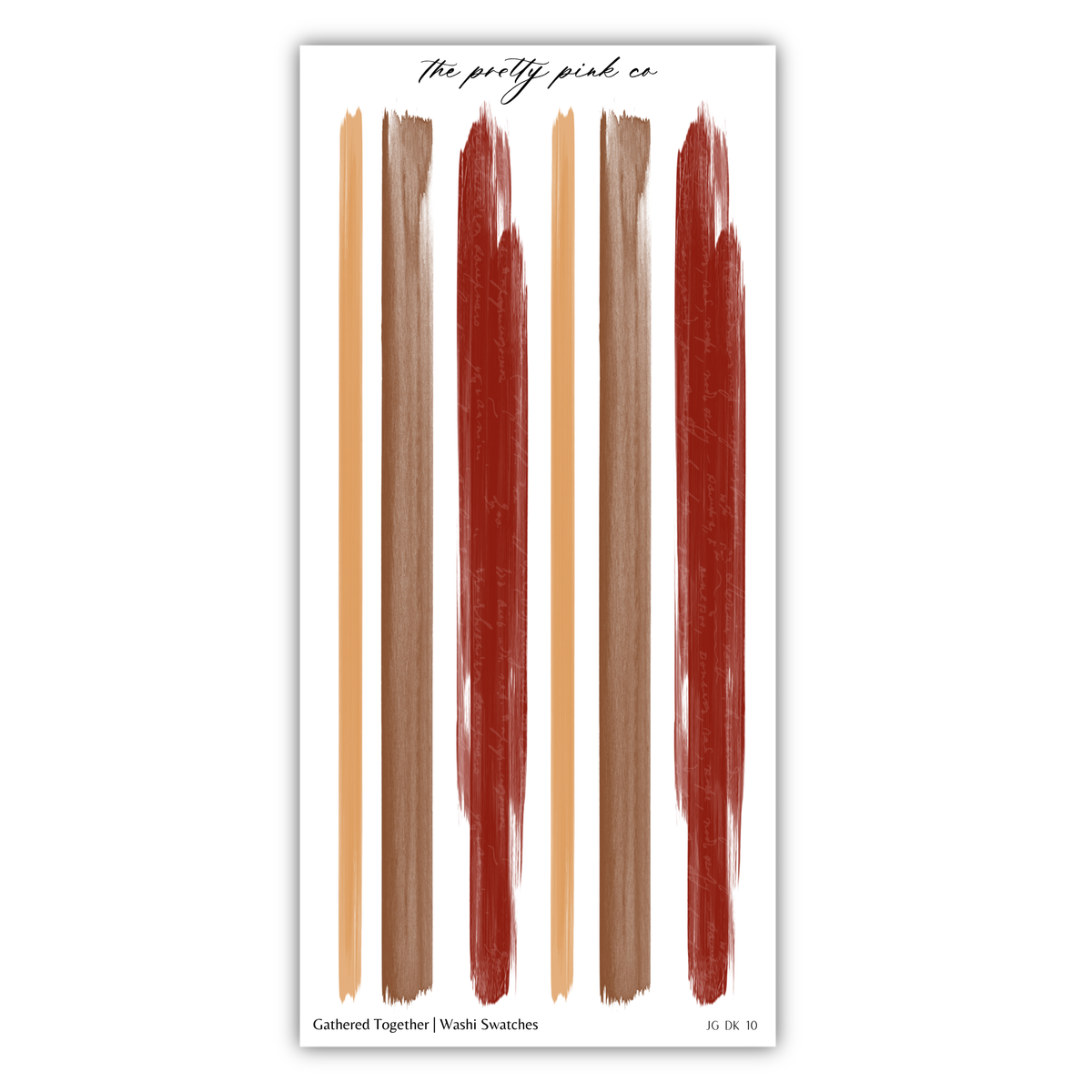 The image is a collection of abstract brushstrokes in various colors, including red, orange, and brown, arranged in a vertical line.