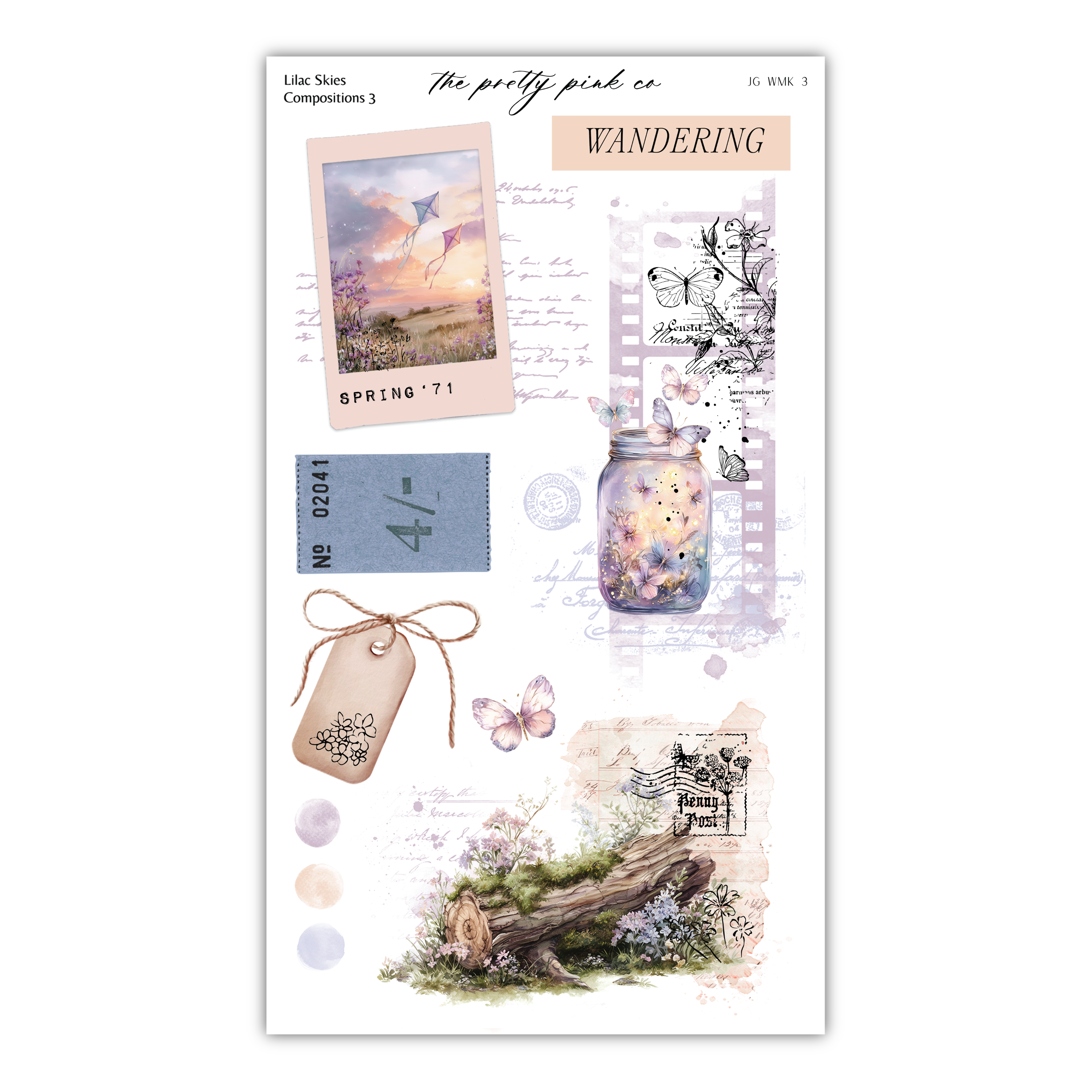 The image is a collage of various artistic elements, including a butterfly, a mason jar filled with flowers, a tag, and a tree trunk. The collage appears to be a creative and visually appealing composition, with a focus on nature and floral elements.