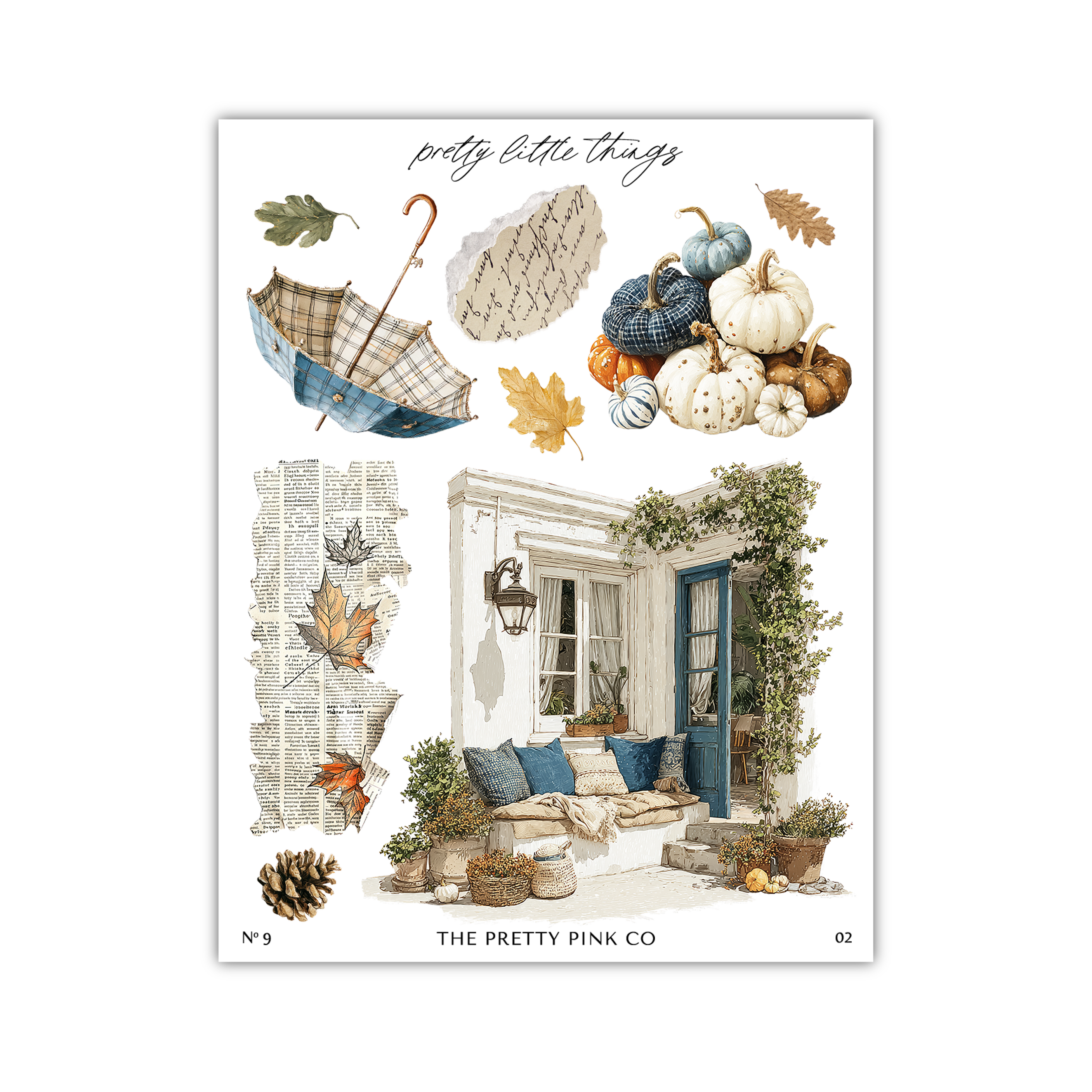 The image is a collage of various autumn-themed elements, including a blue umbrella, pumpkins, leaves, a house, and potted plants.