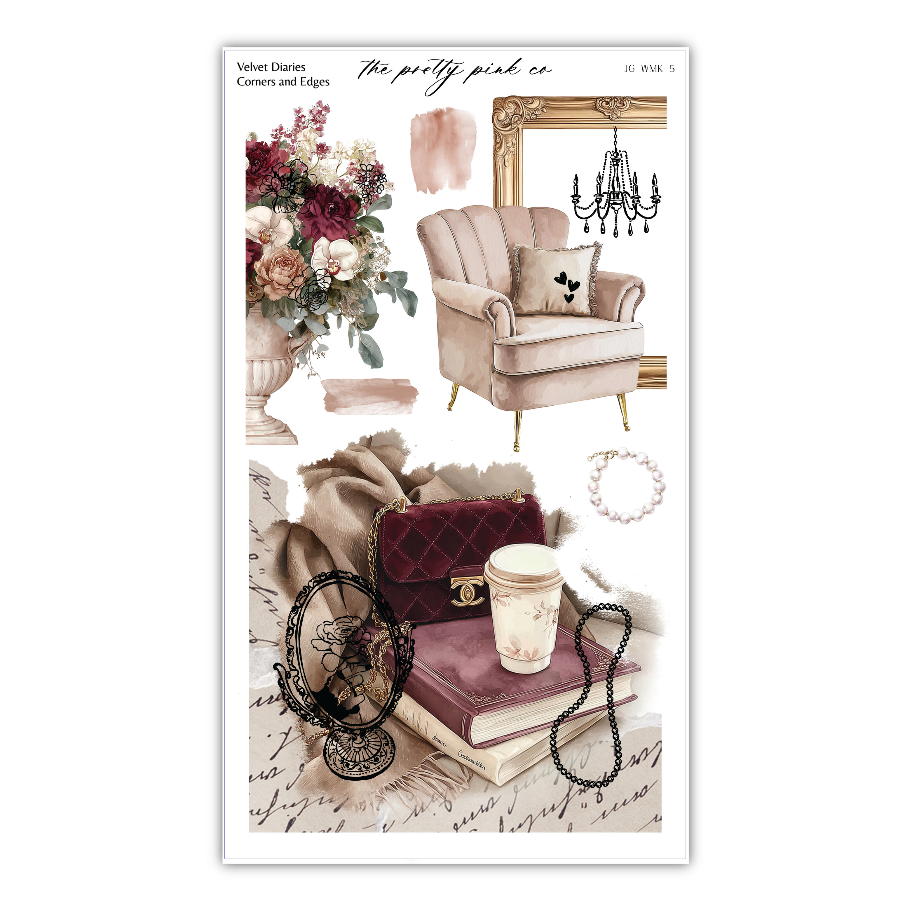 The image is a collage of various decorative items, including a vase of flowers, a chair, a fan, a book, and a coffee cup, all arranged in a visually appealing manner.