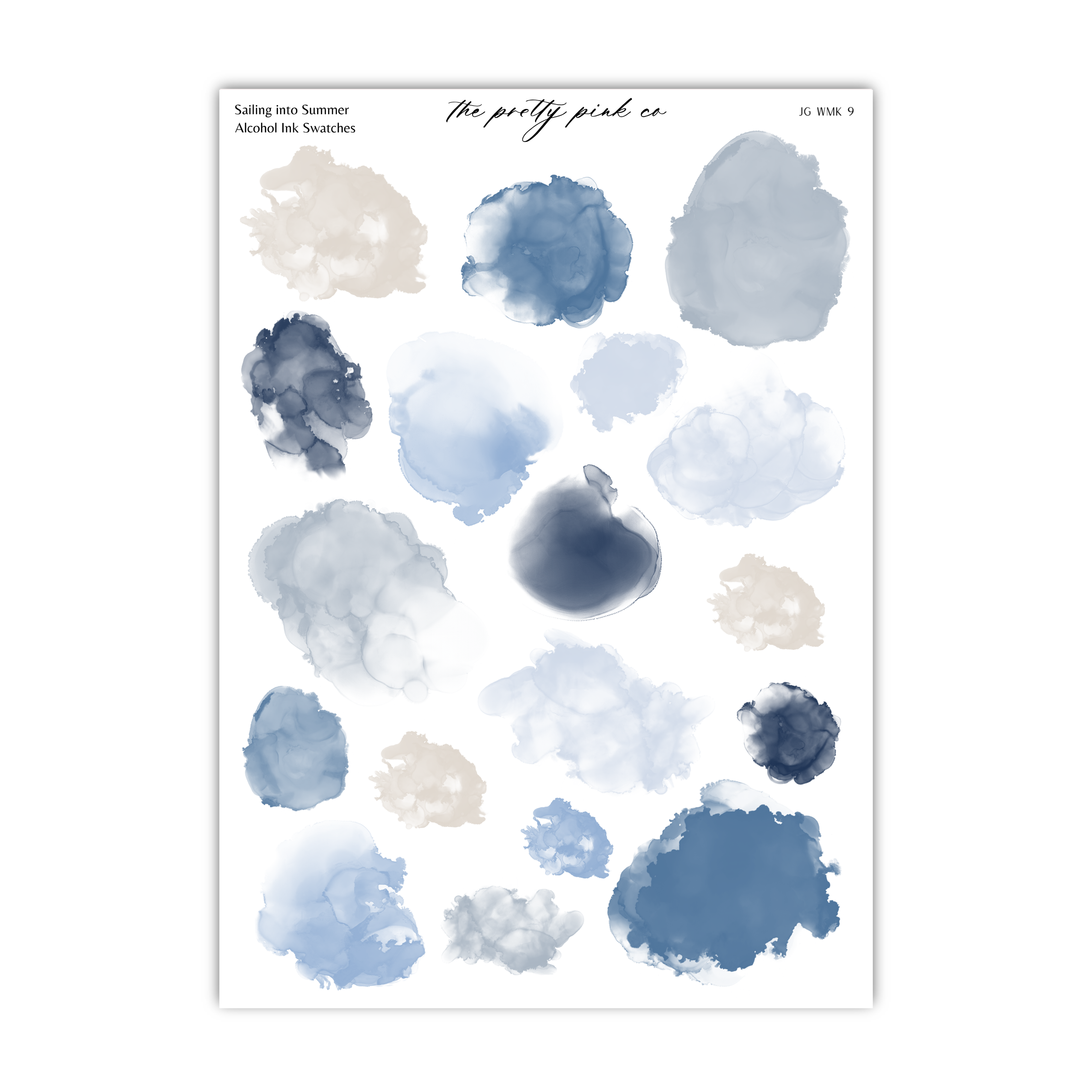 a collection of abstract watercolor brush strokes in various shades of blue, gray, and white, arranged in a grid-like pattern.