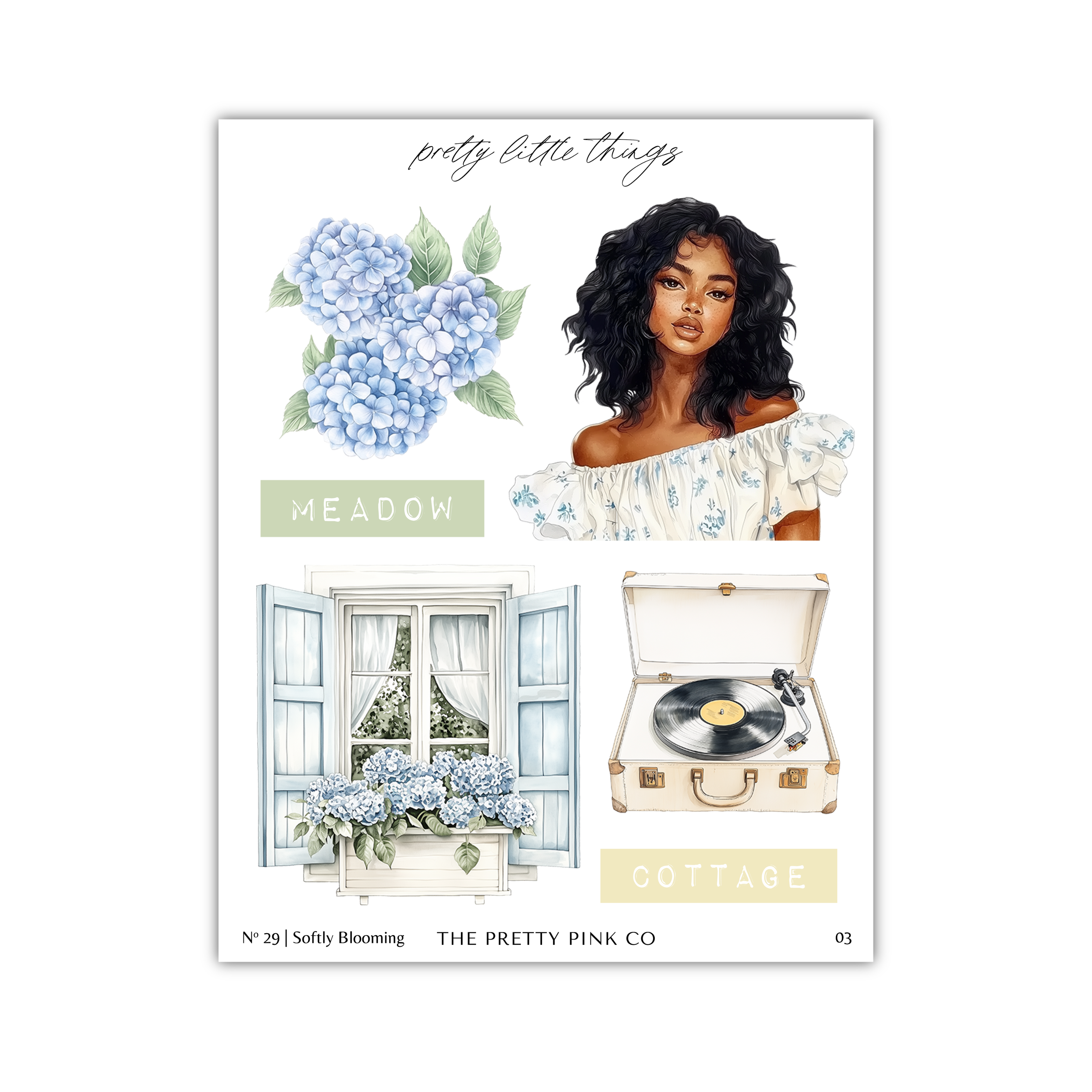 The image is a collage of three separate images: a woman with curly hair, a meadow with blue hydrangeas, and a cottage with a record player.