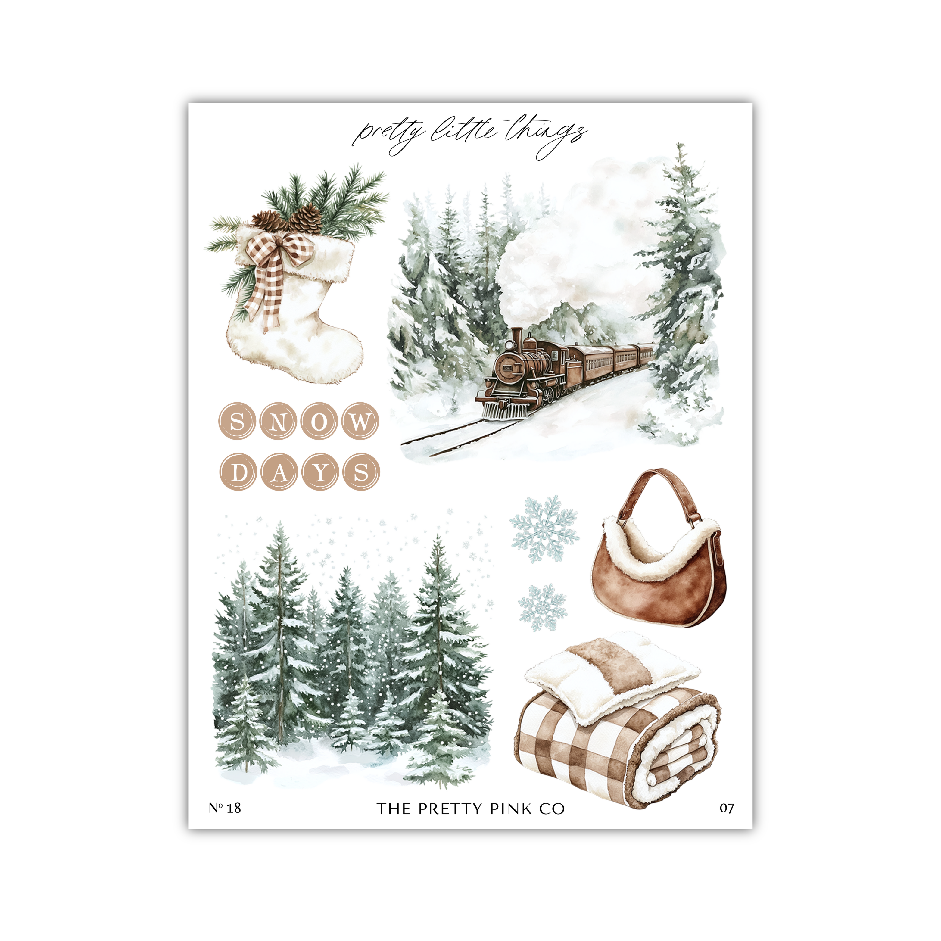 The image is a collage of various winter-themed elements, including a Christmas stocking, a train, pine trees, snowflakes, and a handbag.