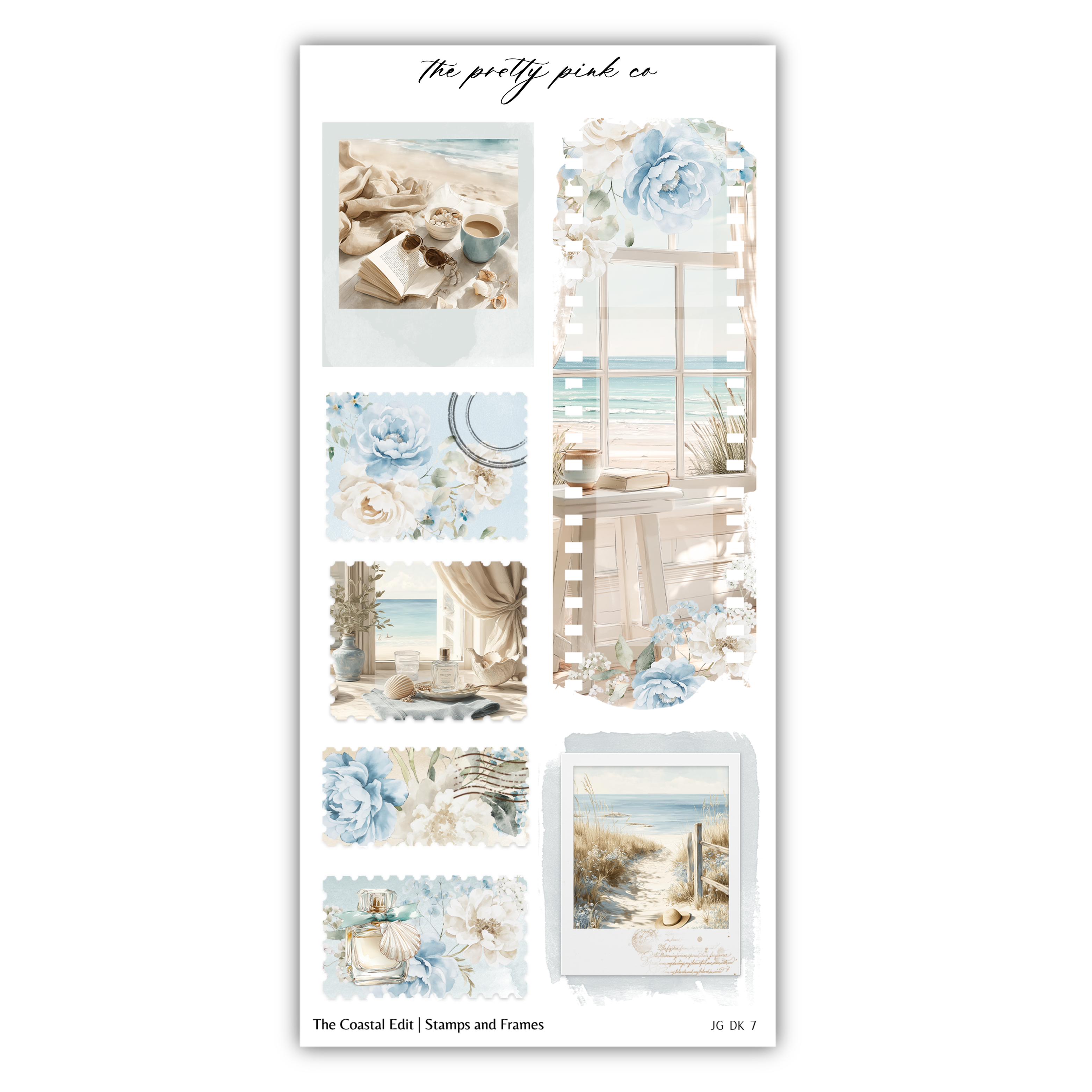 The image is a collage of various coastal-themed images, including a beach scene, a seaside view, and floral elements. The collage is titled "The coastal edit (stamps and frames)" and includes images of a window, a vase, and a potted plant. The collage is organized into different sections, each showcasing a different aspect of the coastal theme.