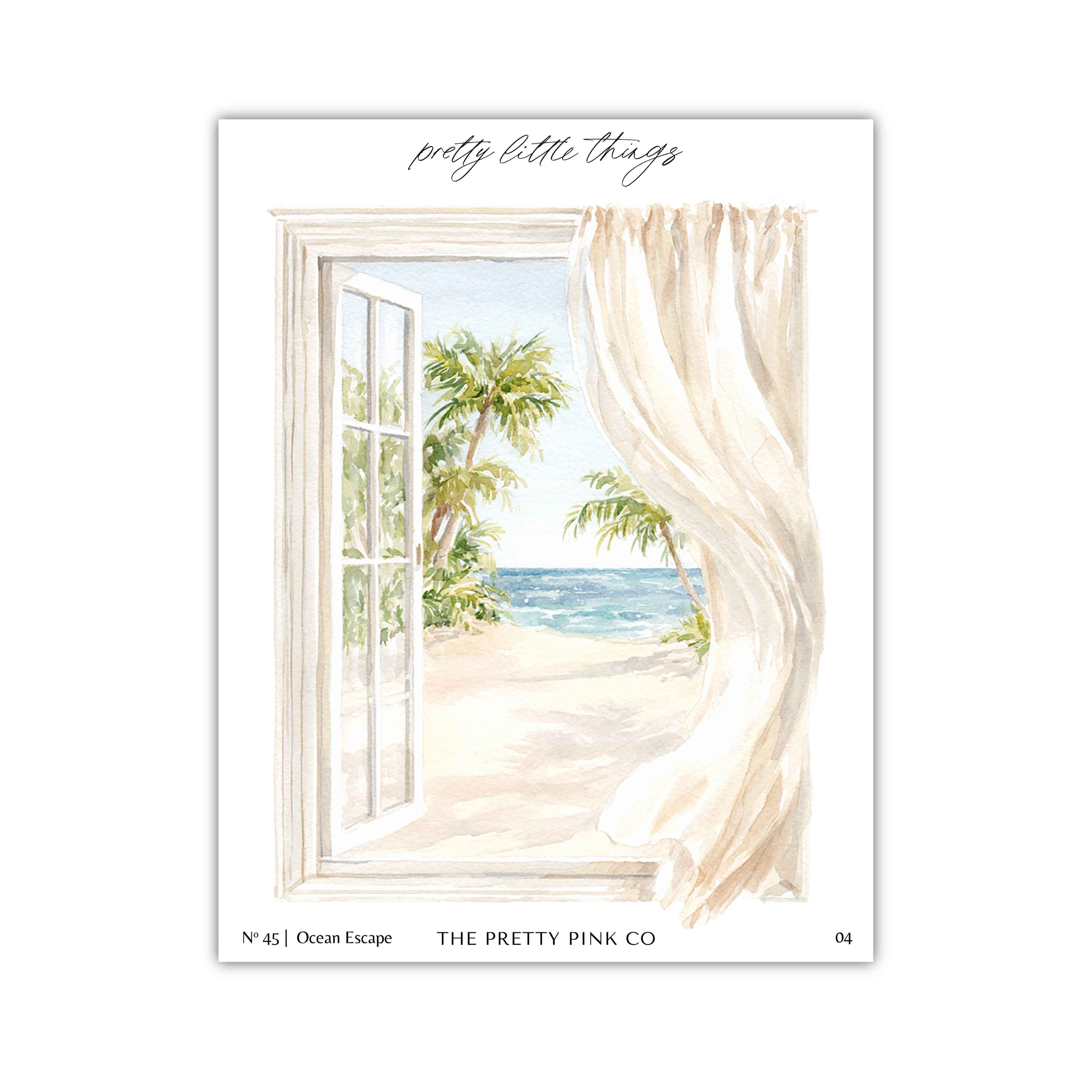 A watercolor painting depicting an open window with a view of a tropical beach and ocean.