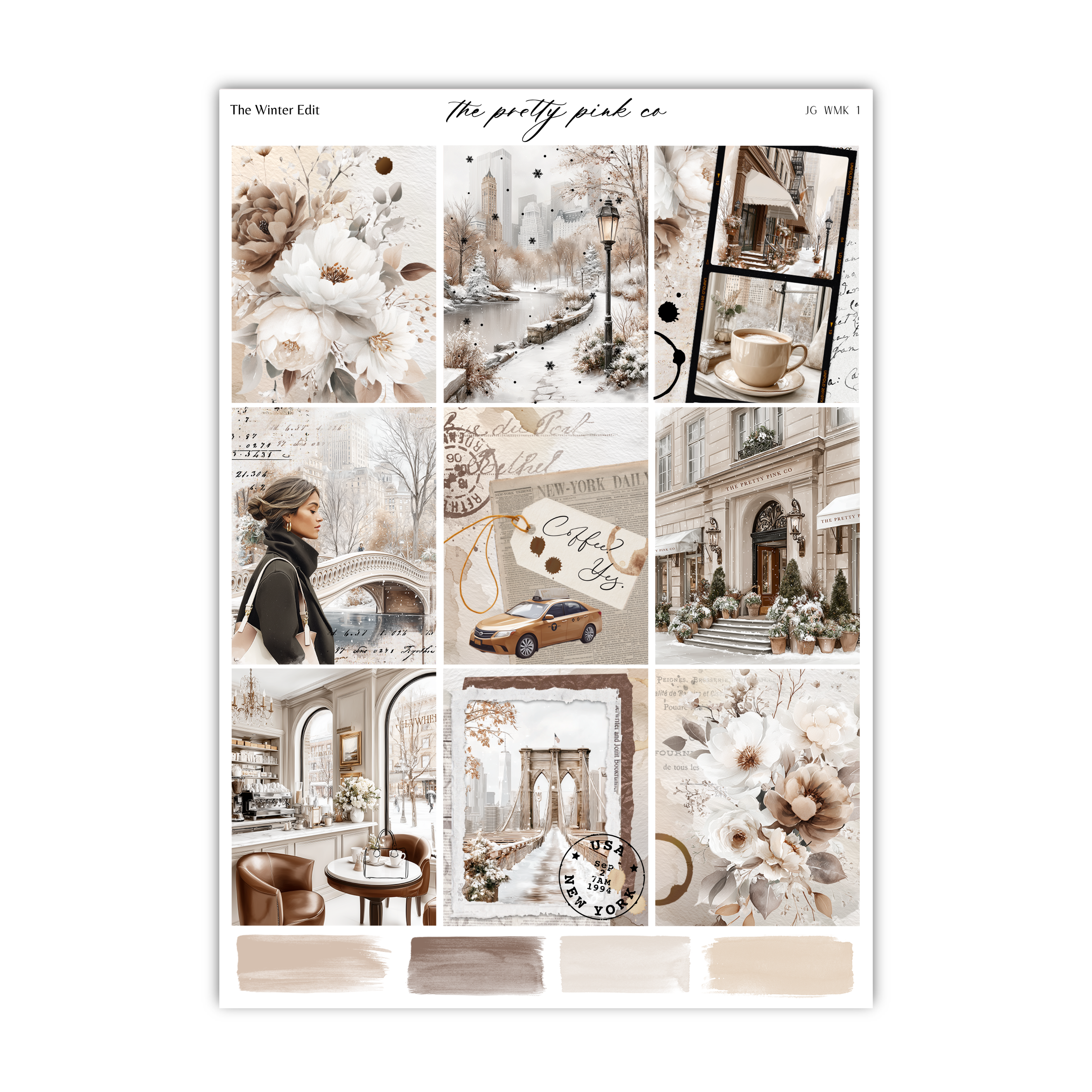 The image is a collage of nine different images, each depicting various scenes and objects, including a woman, a building, a car, and flowers. The collage is titled "The Winter Edit" and includes a color palette of beige, brown, and white.