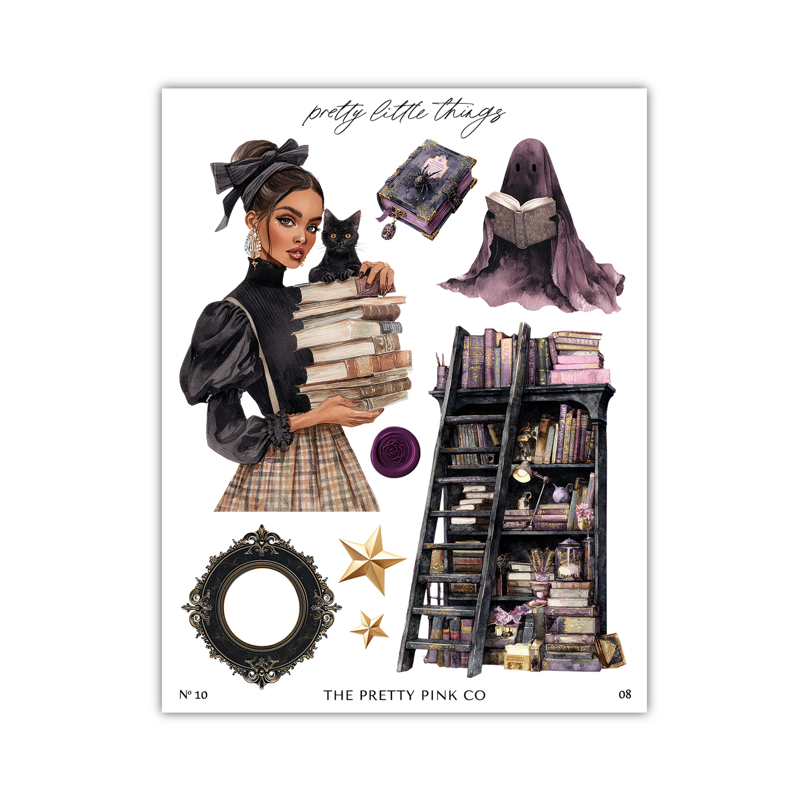 The image is a collage featuring a woman holding a stack of books, a ghost, a ladder, and a bookshelf.