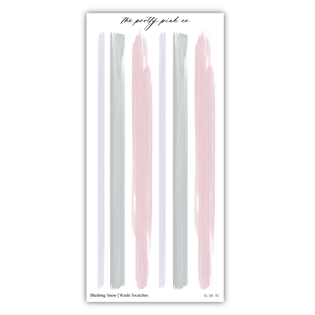 The image is a collage of various brush strokes in different colors, including pink, gray, and white, arranged in a vertical line.