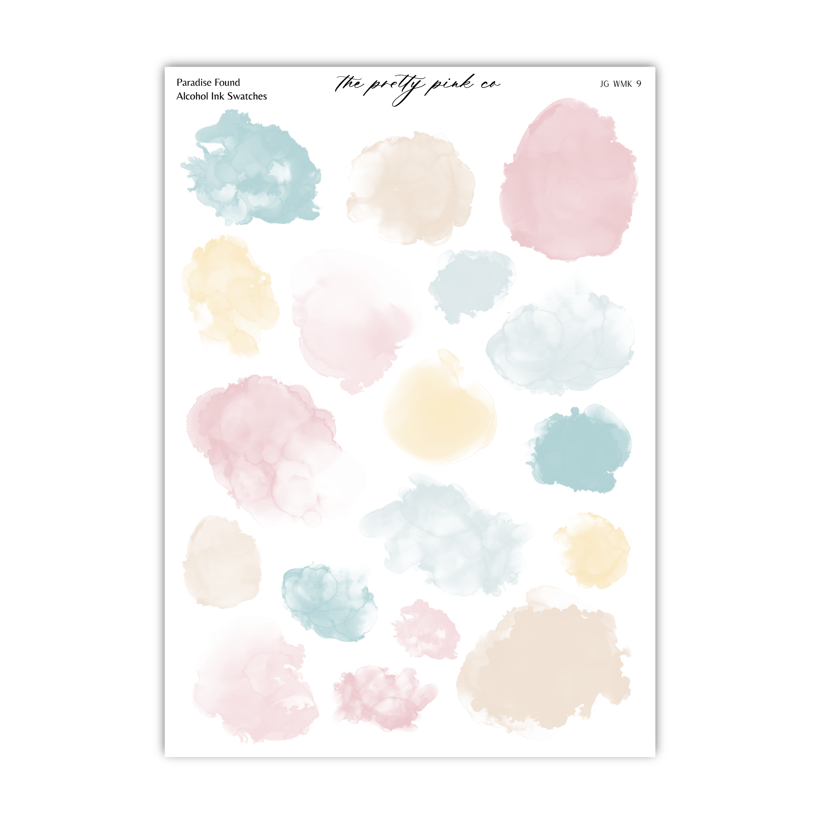a collection of abstract watercolor-style splatter shapes in various pastel colors, including pink, blue, yellow, and green.