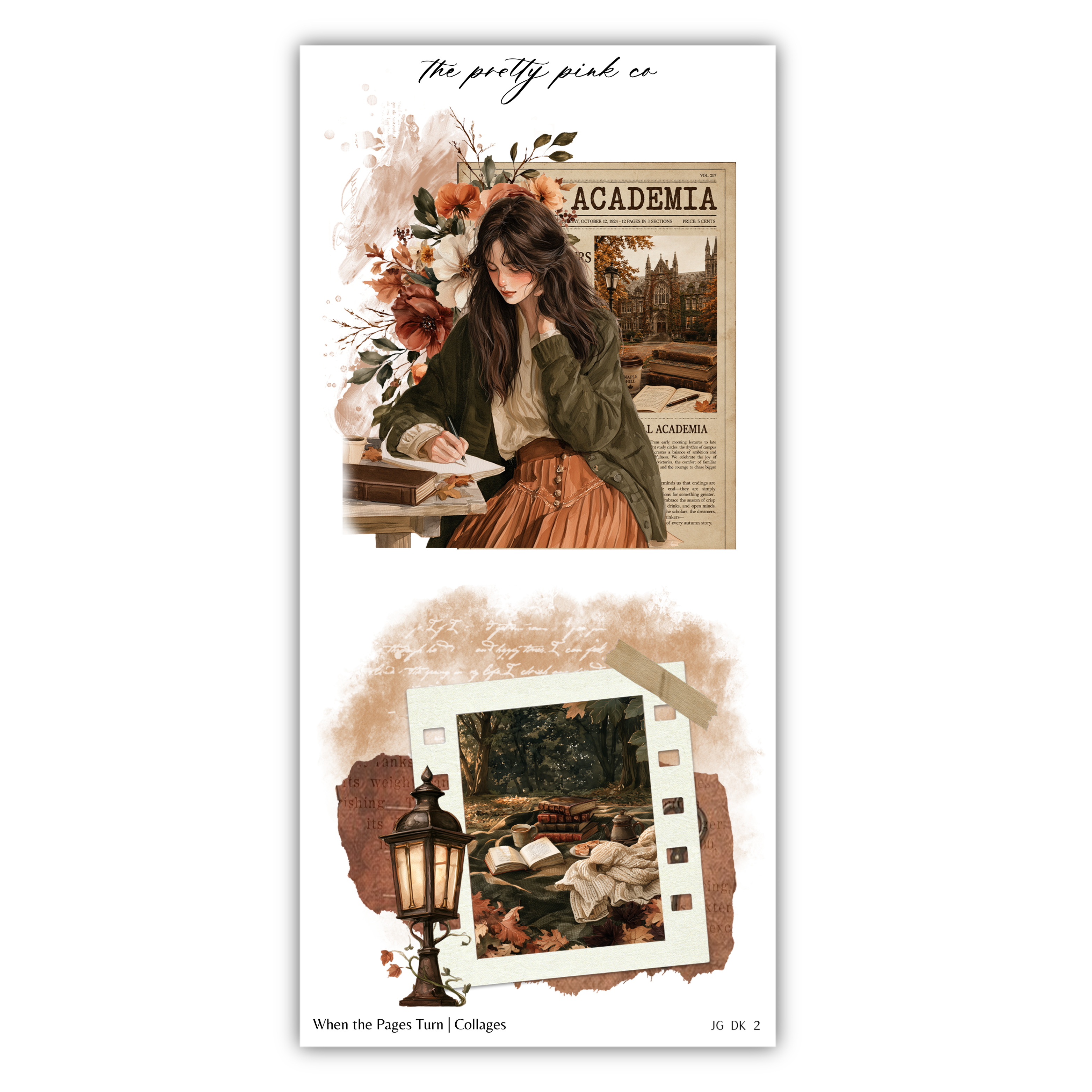 The image is a collage featuring a woman reading a book, a lamp, and a vintage-style poster for "Academia".