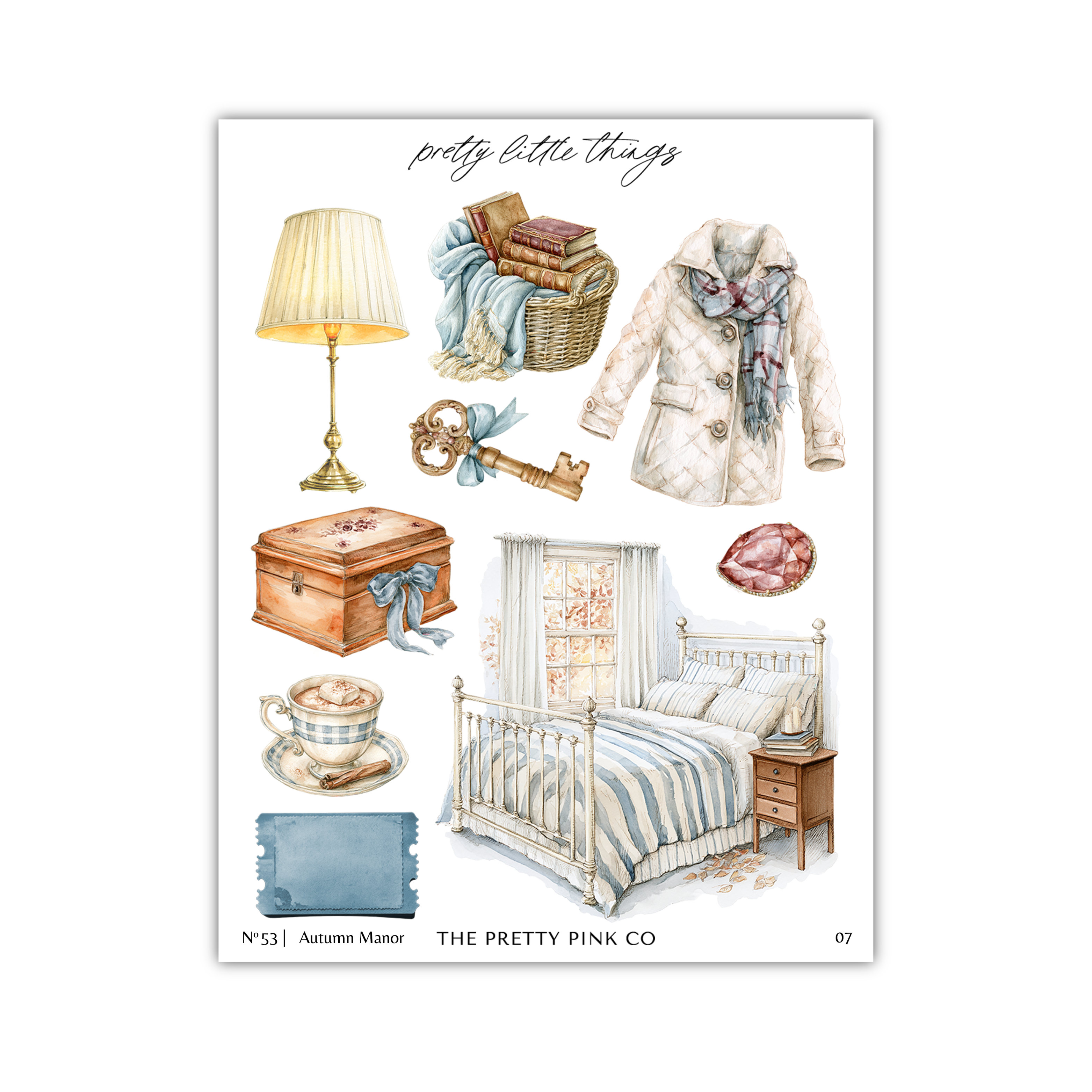 The image is a collage of various home decor items, including a lamp, a coat, a key, a book, a basket, a teapot, a cup, a bed, and a window.
