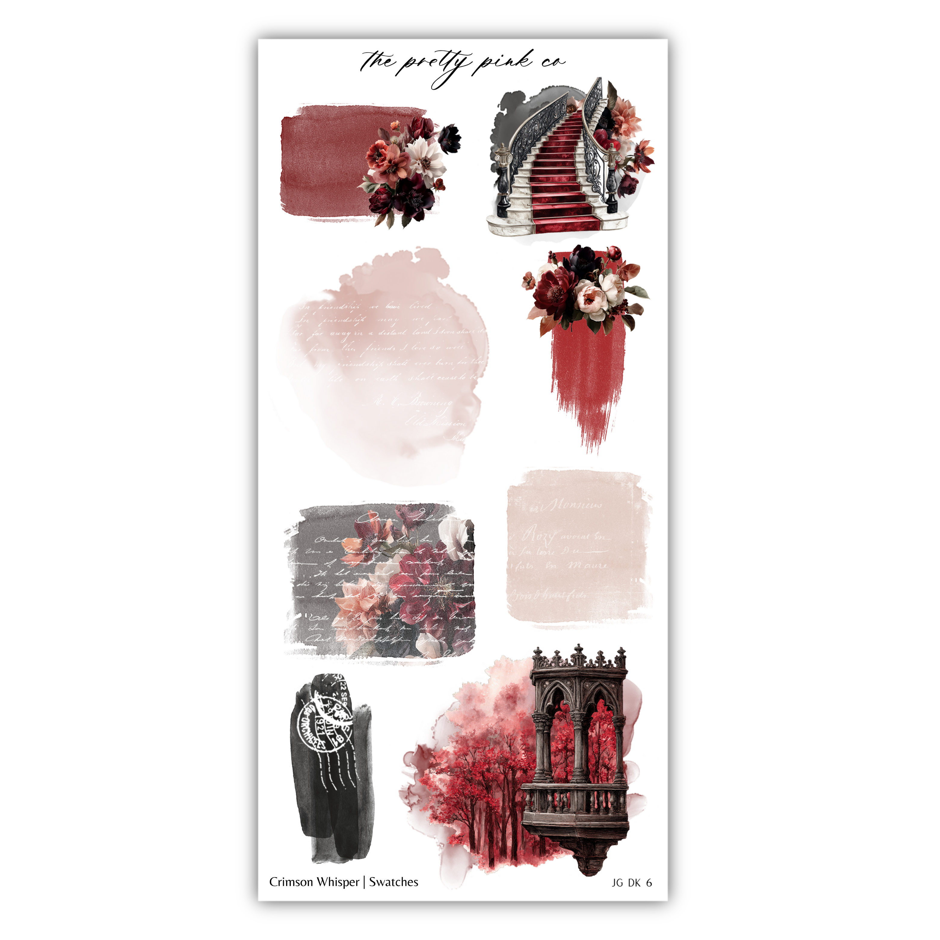 various artistic elements, including floral designs, architectural structures, and abstract shapes, all rendered in a watercolor style.