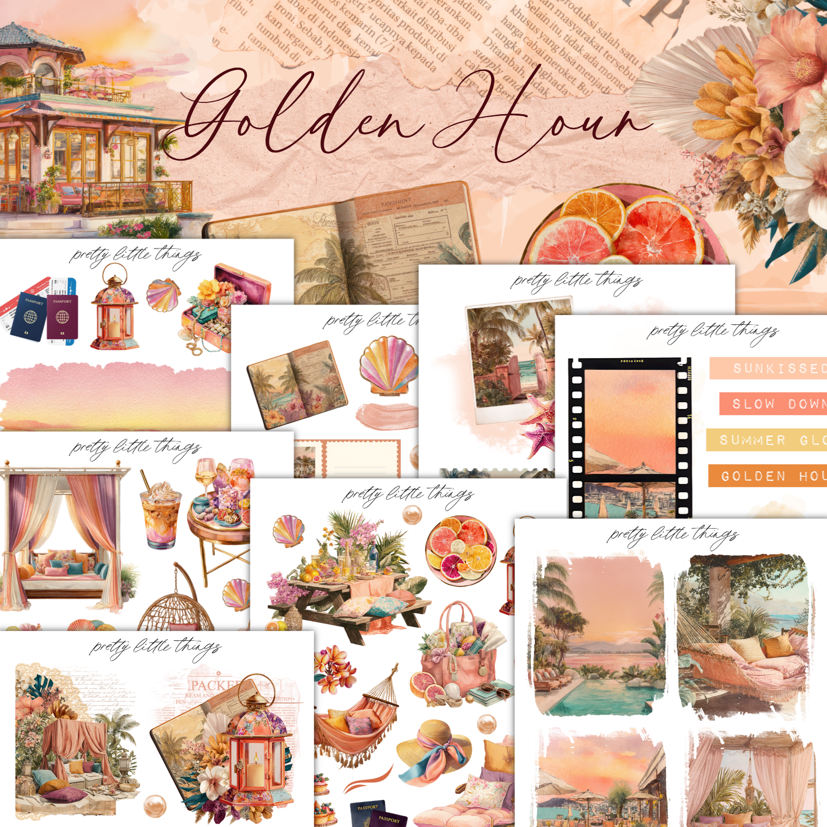The image is a collage of various colorful and whimsical illustrations, including scenes of tropical locations, beach scenes, and other summer-themed elements.