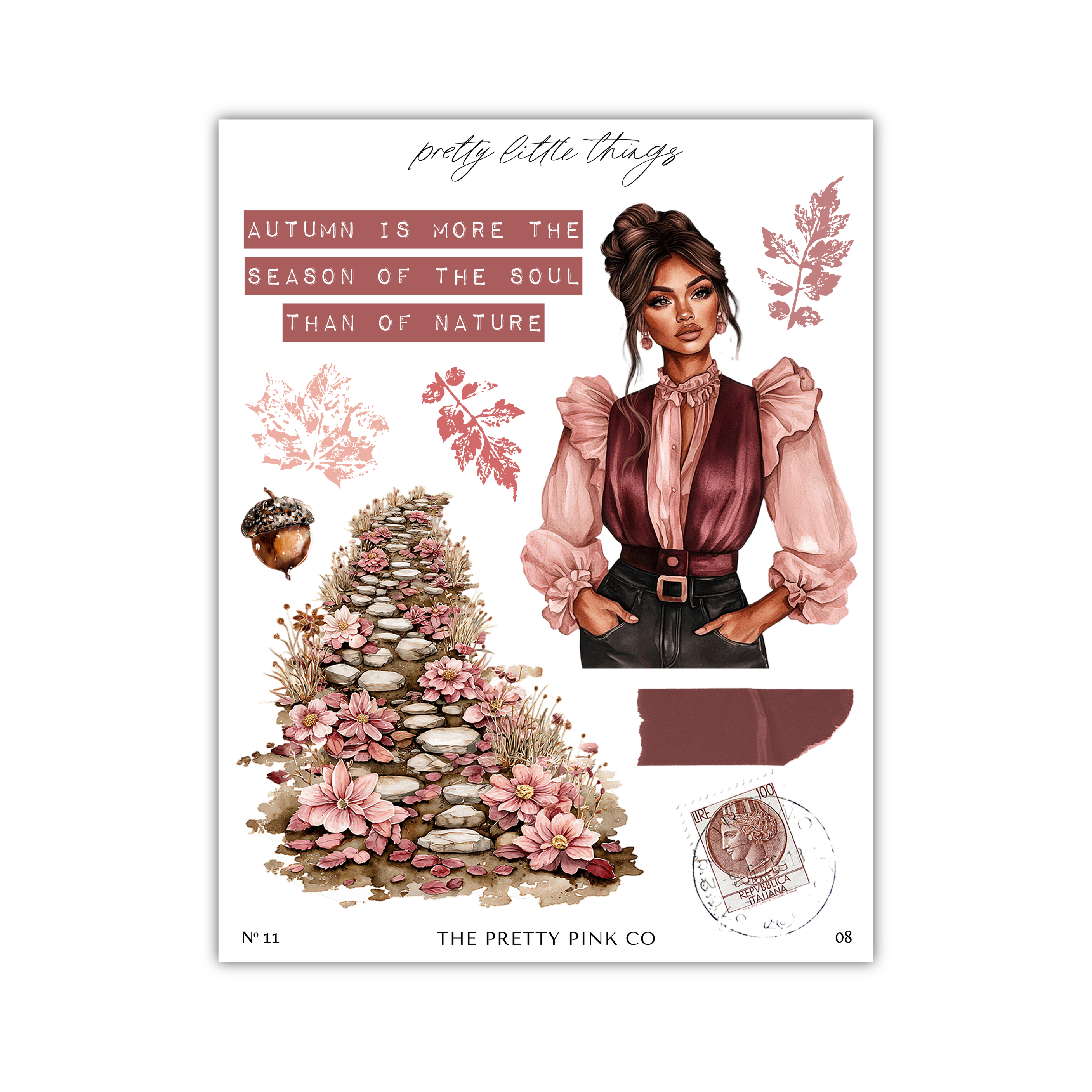 The image is a collage featuring a woman in a pink outfit, surrounded by autumn-themed elements such as flowers, leaves, and a staircase. The text "Autumn is more the season of the soul than of nature" is displayed, along with the phrase "pretty little things" at the top.