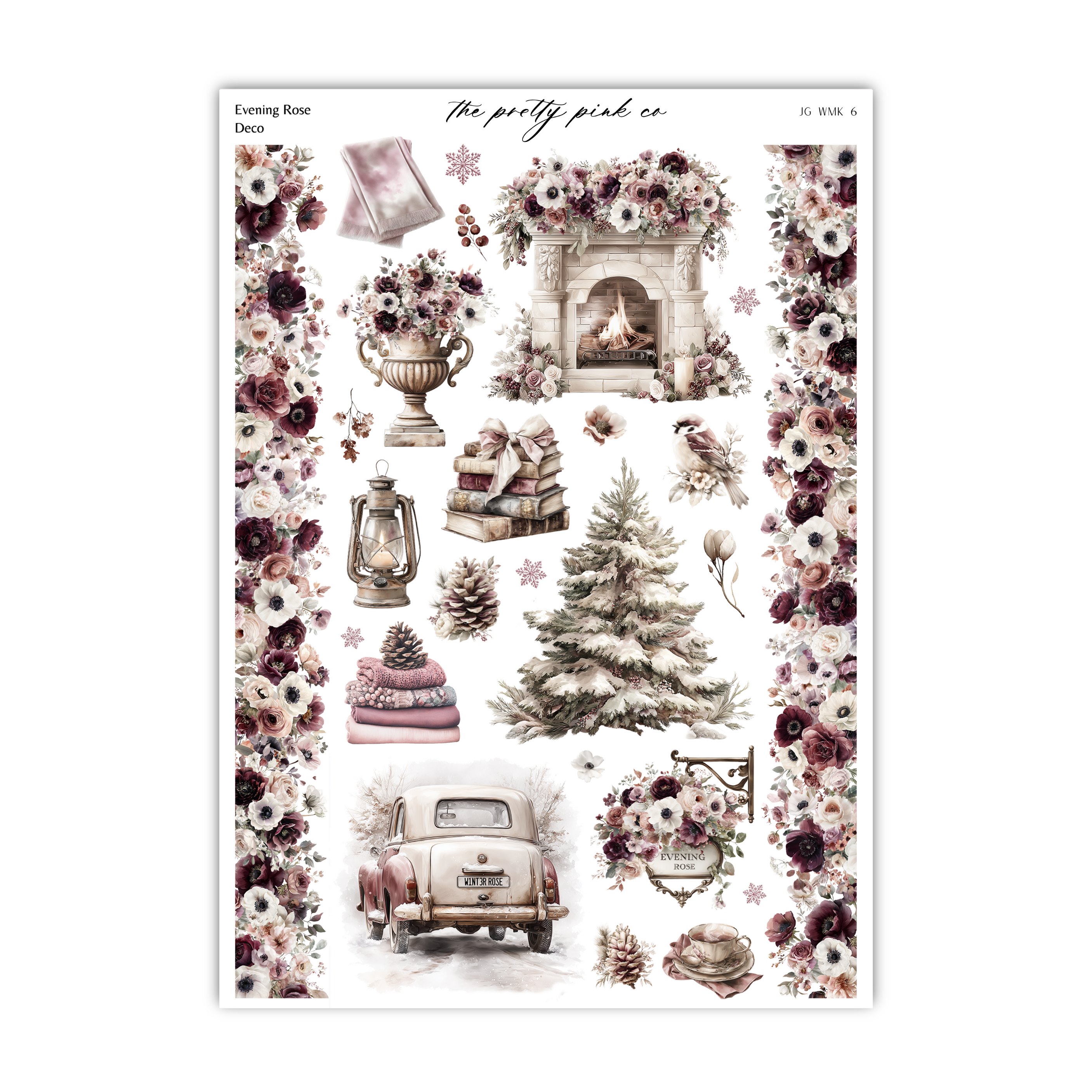 The image is a collage of various decorative elements, including a fireplace, a car, flowers, pine cones, and other seasonal items, all arranged in a visually appealing manner.