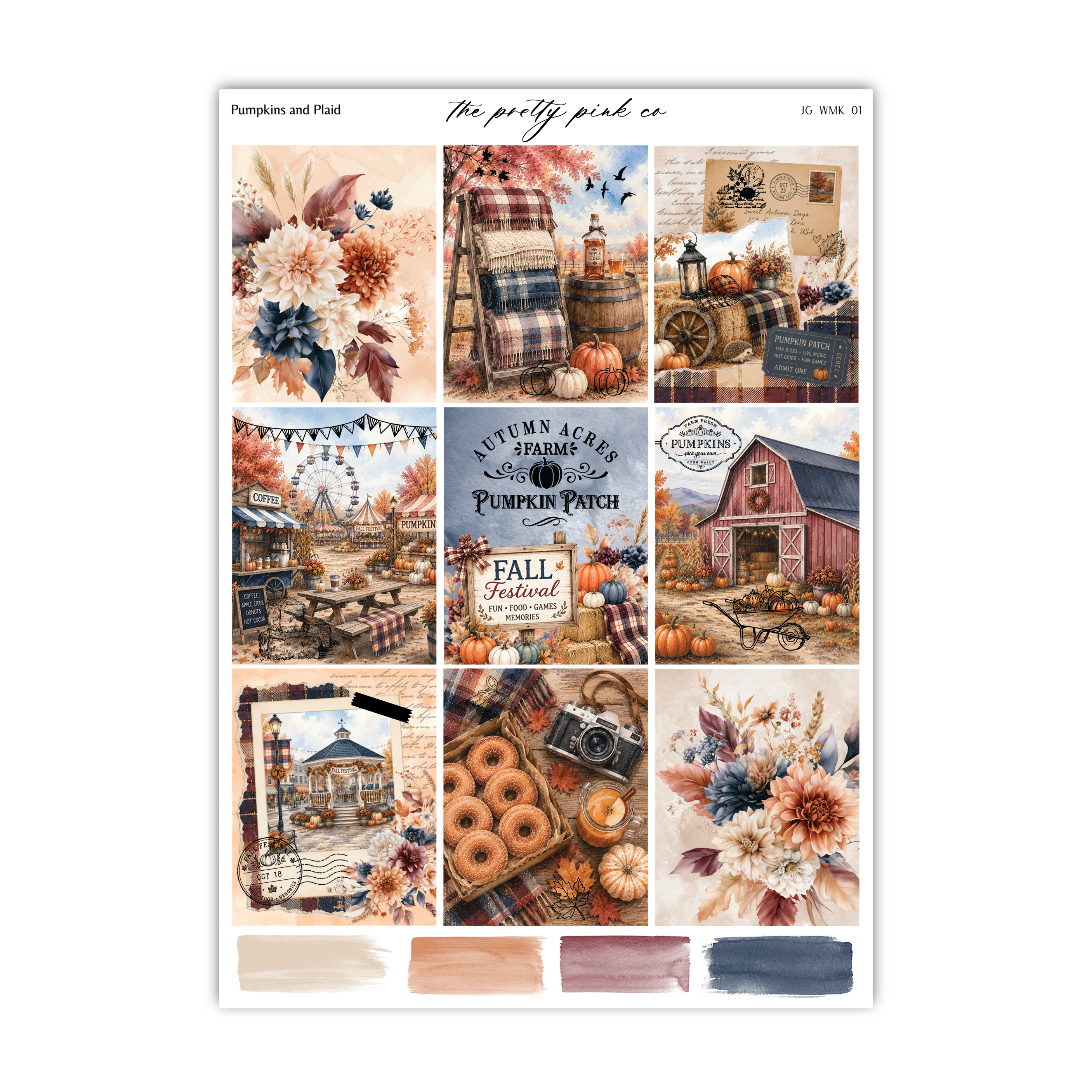 The image is a collage of various autumn-themed images, including pumpkins, plaid blankets, a barn, and a pumpkin patch.
