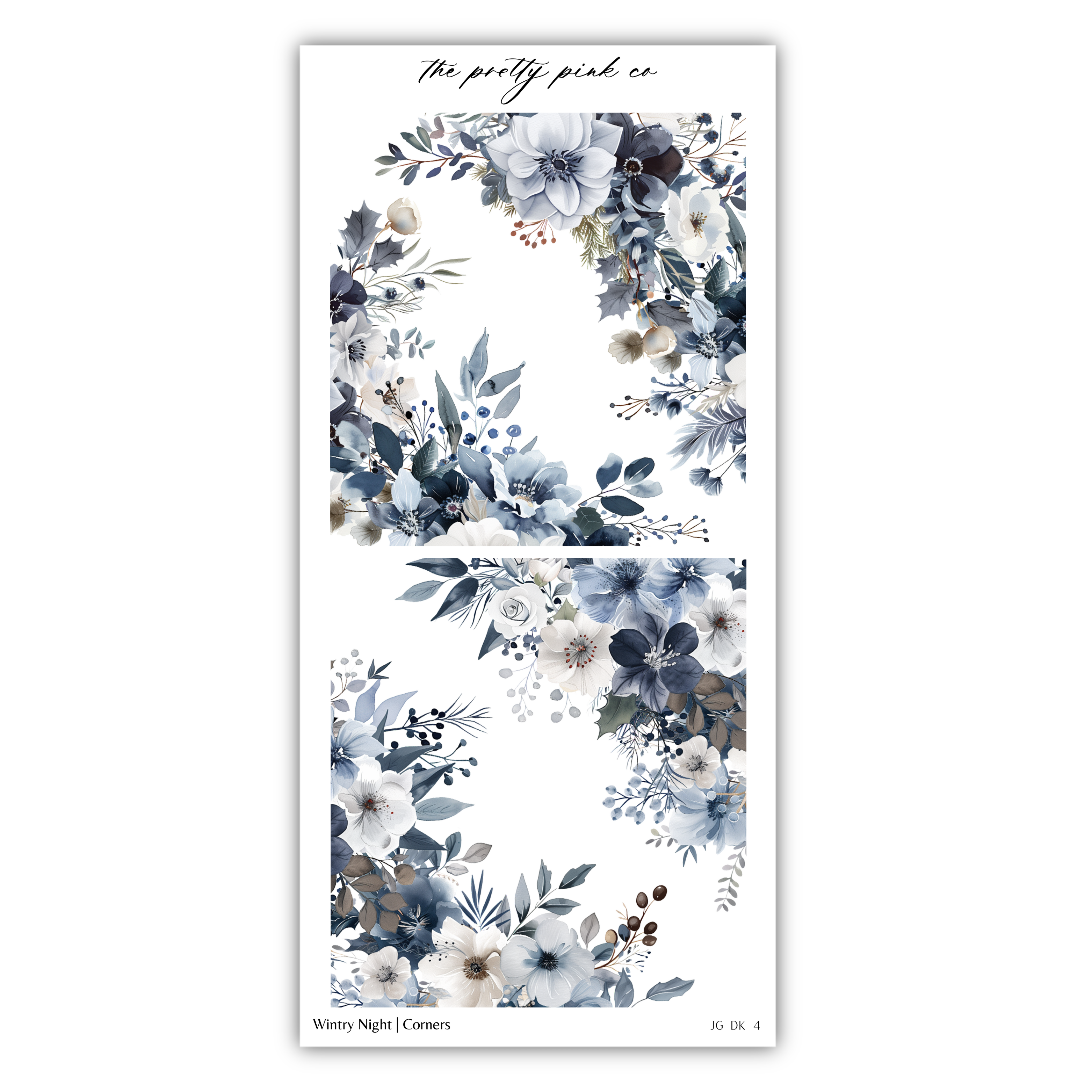 a blue and white floral sticker on a white background