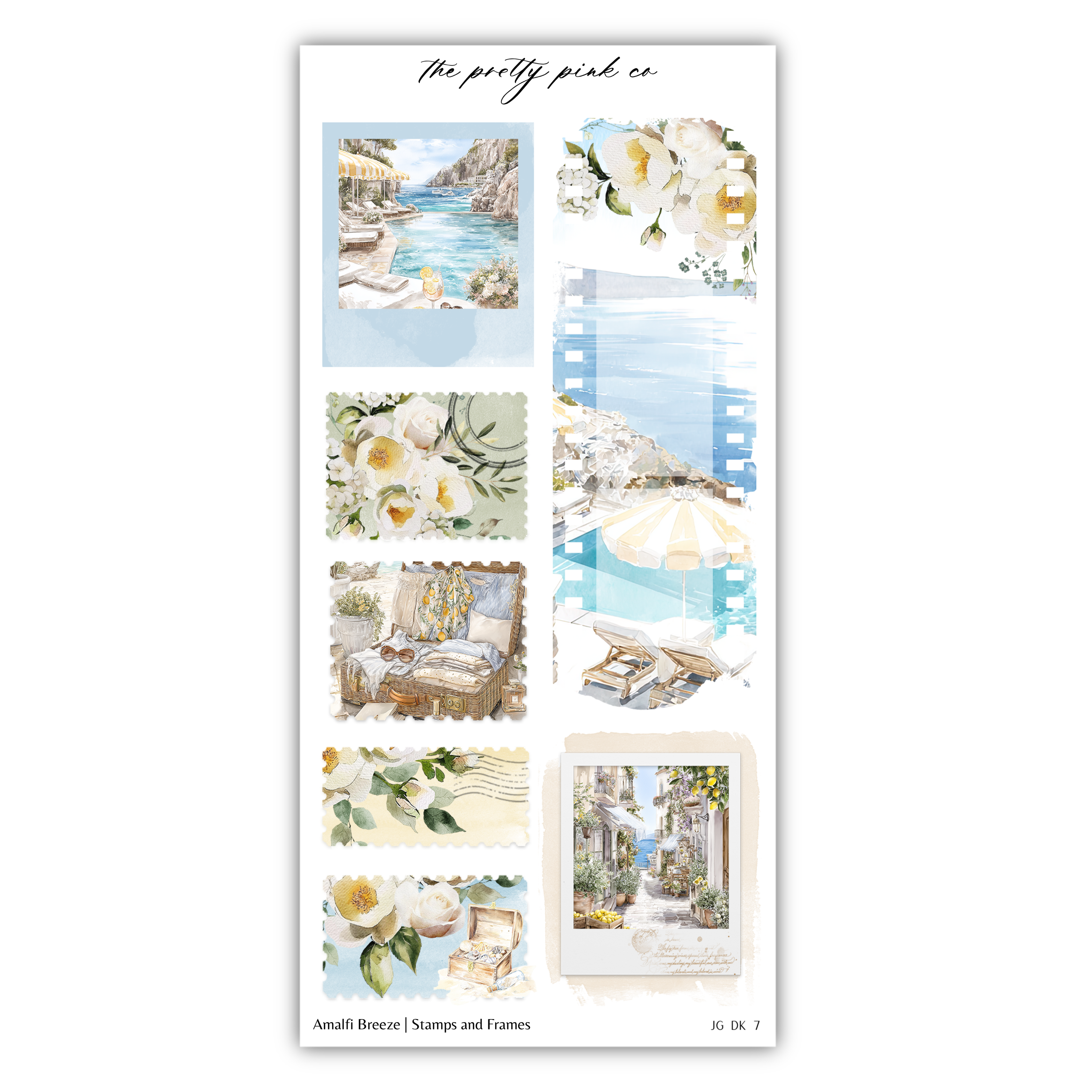 a collage of various pictures, including landscapes, floral images, and other decorative elements. The collage is titled "The pretty pink co" and includes stamps and frames.