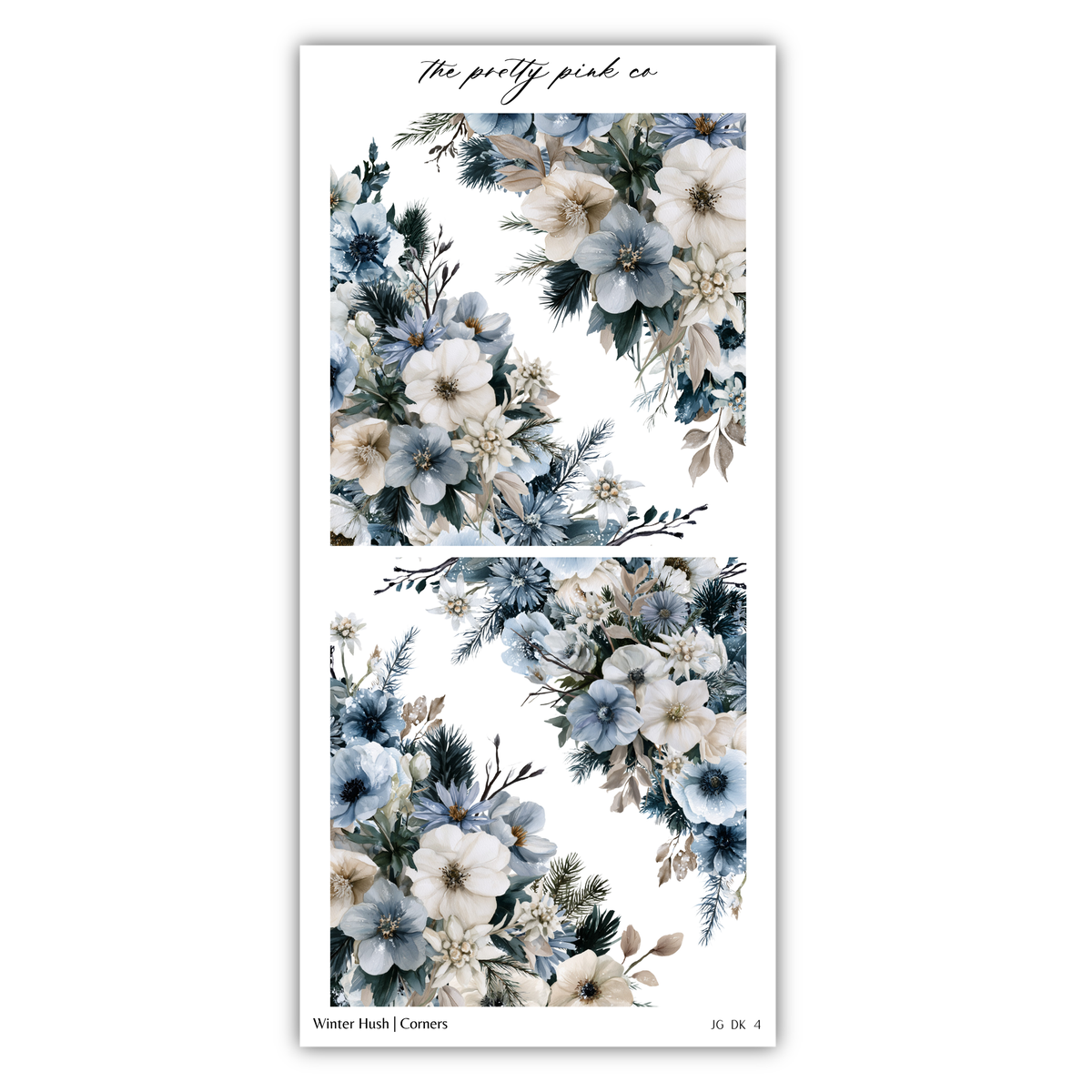 The image is a collage of two floral images, featuring a variety of blue, white, and gray flowers and foliage. The collage is titled "Winter Hush (Corner)" and includes the text "The pretty pink co" at the top.