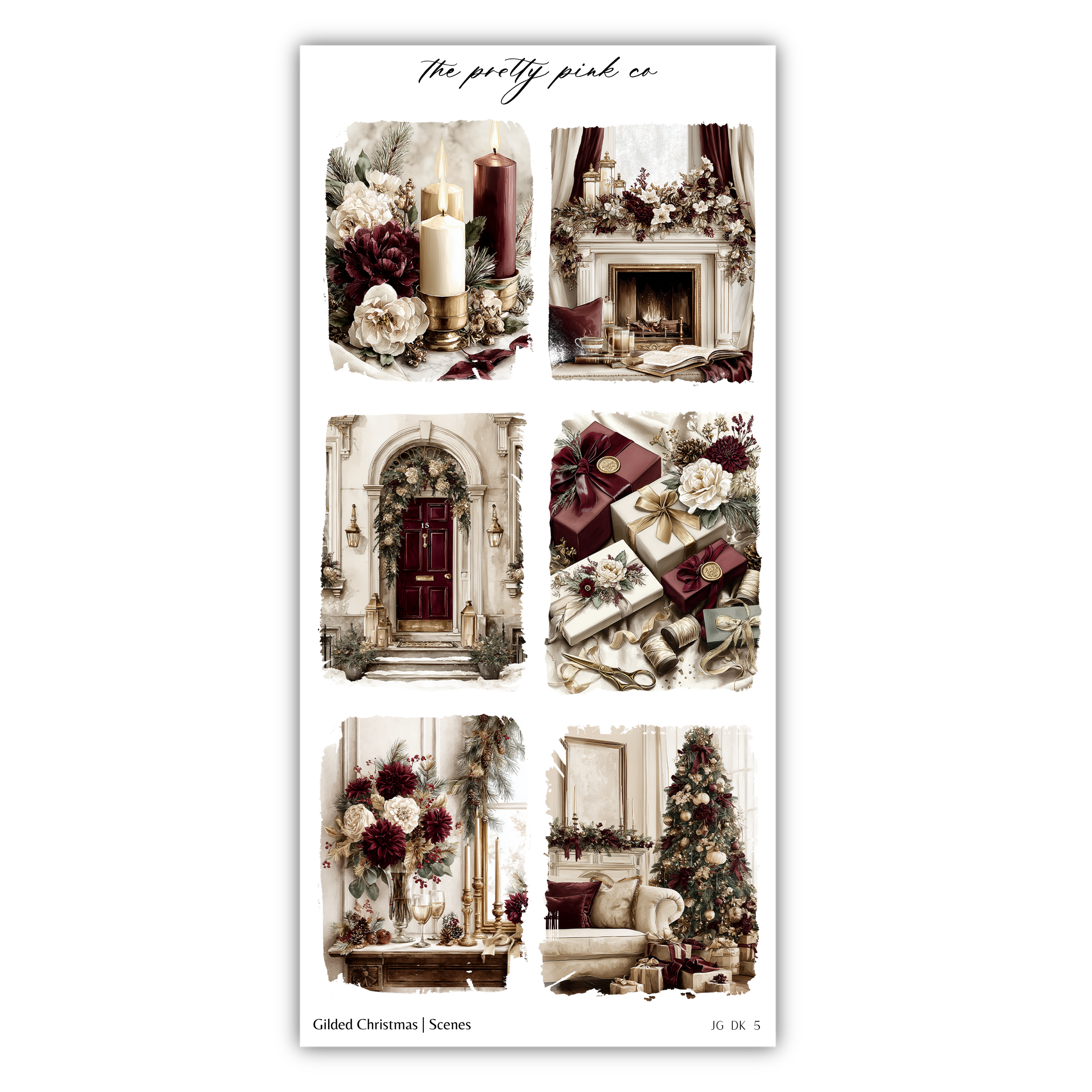 The image is a collage of six different scenes depicting various aspects of Christmas decorations and gifts.